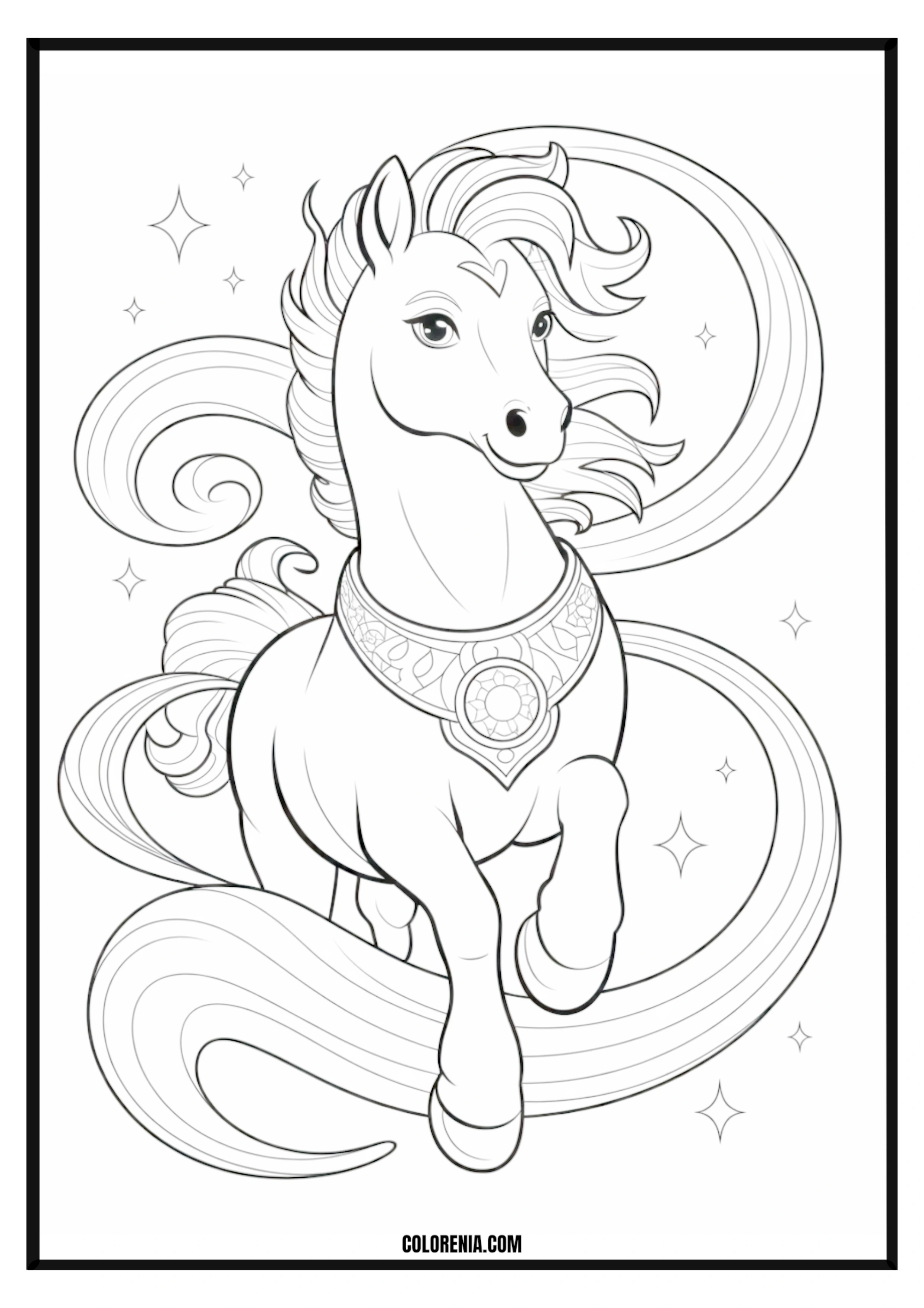 Magical Horse with Swirls and Stars Coloring Page Magical horse with swirls and stars coloring page.
