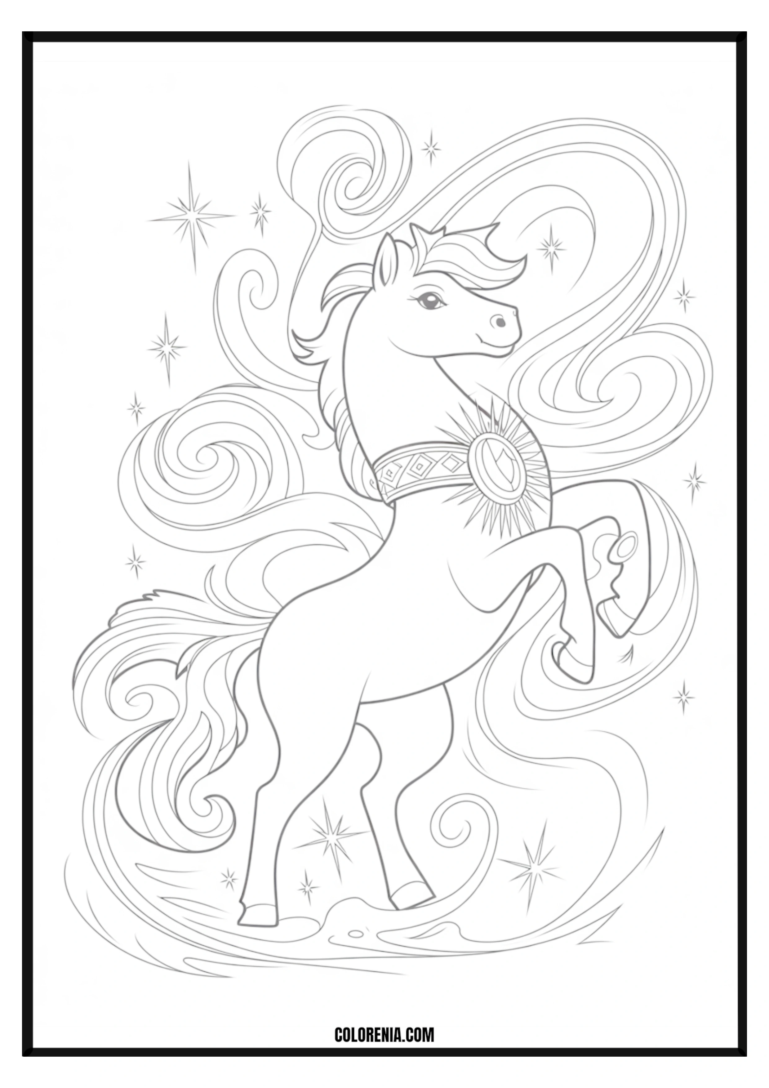 Magical Horse with Stars and Swirls Coloring Page Magical horse with stars and swirls coloring page.