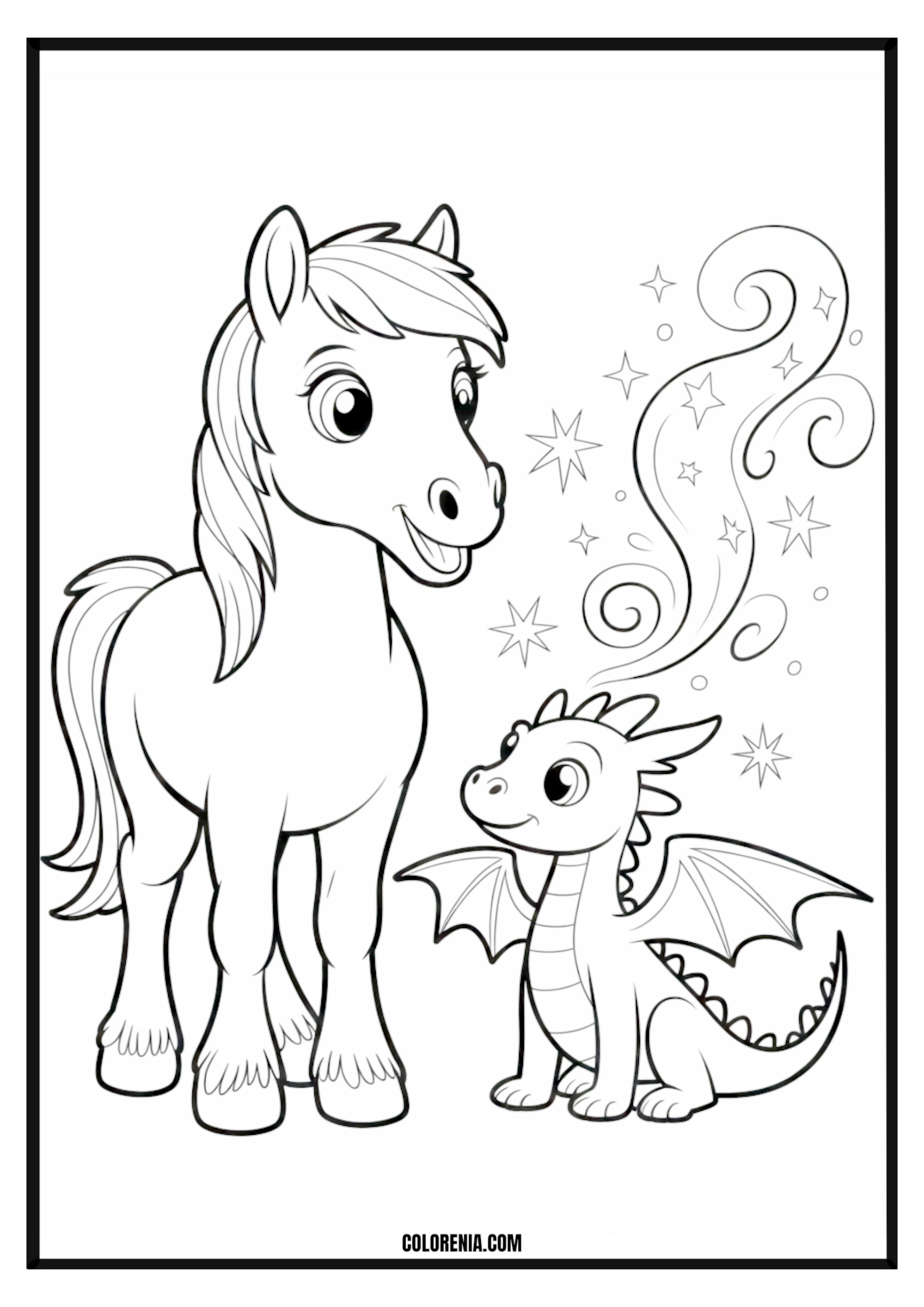 Magical Pony and Dragon Friends Coloring Page Magical pony and dragon as friends coloring page.
