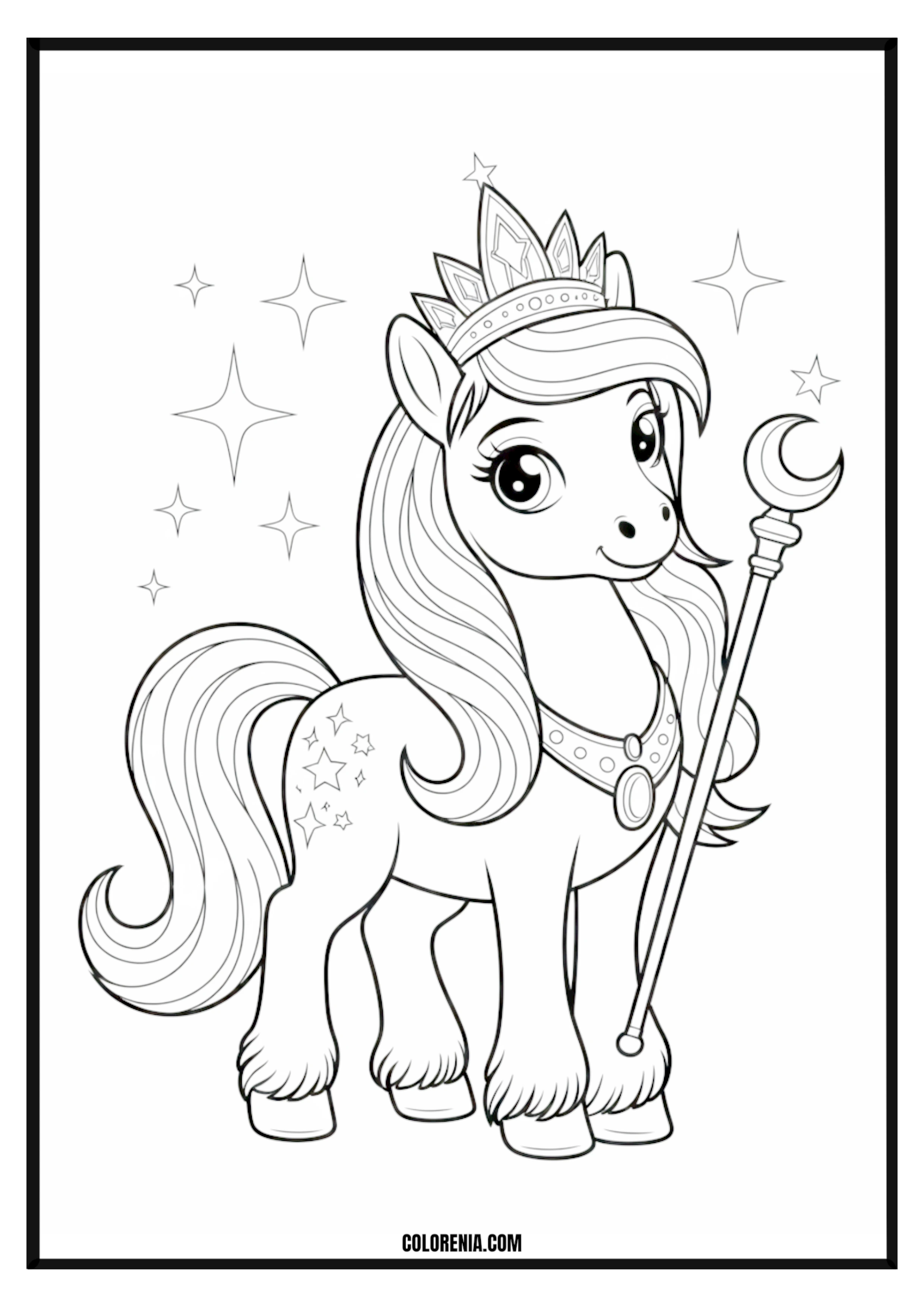 Magical Princess Pony with Crown and Staff Magical princess pony with crown and staff coloring page.
