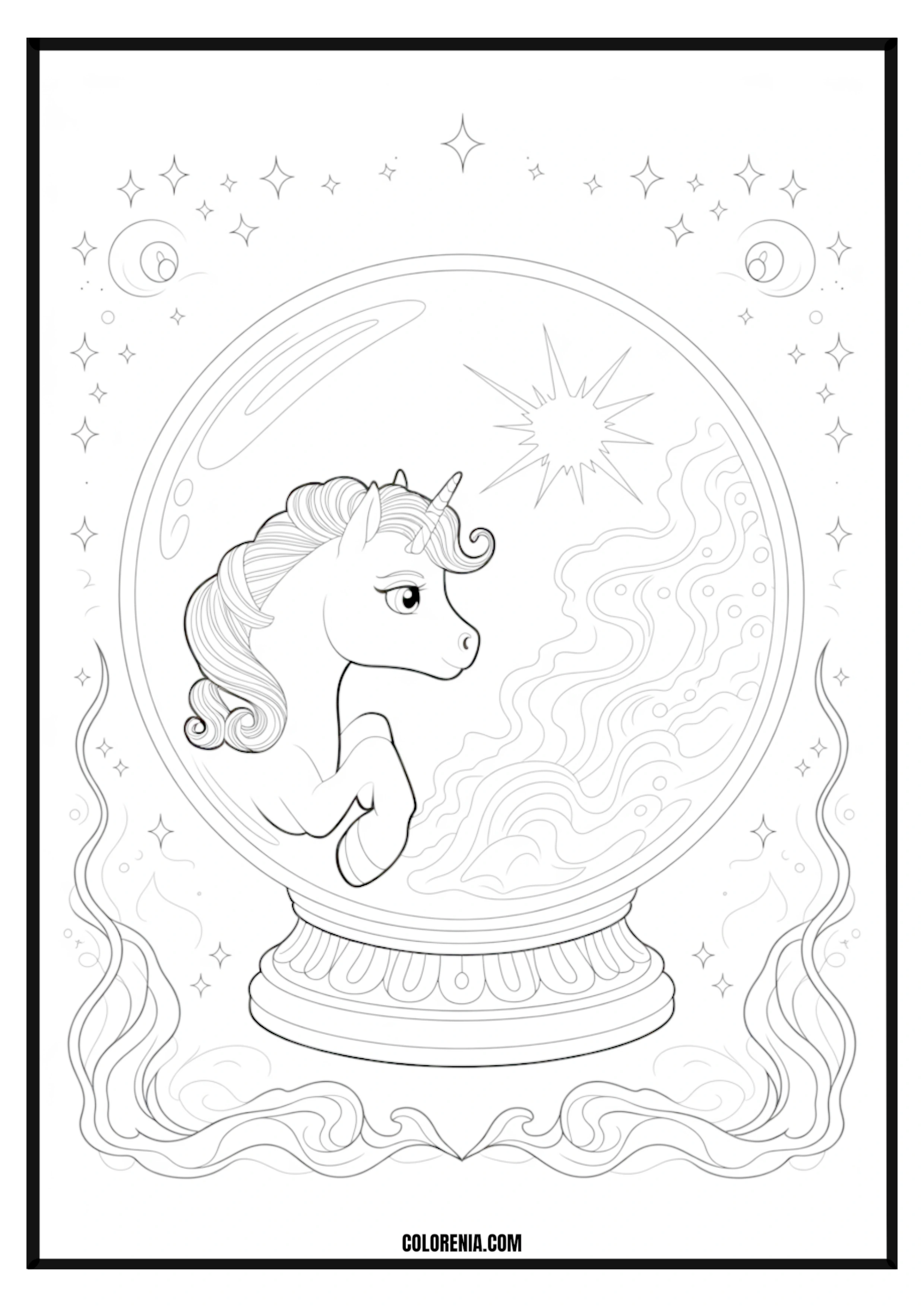 Magical Unicorn in a Starry Globe Magical unicorn inside a starry globe coloring page.