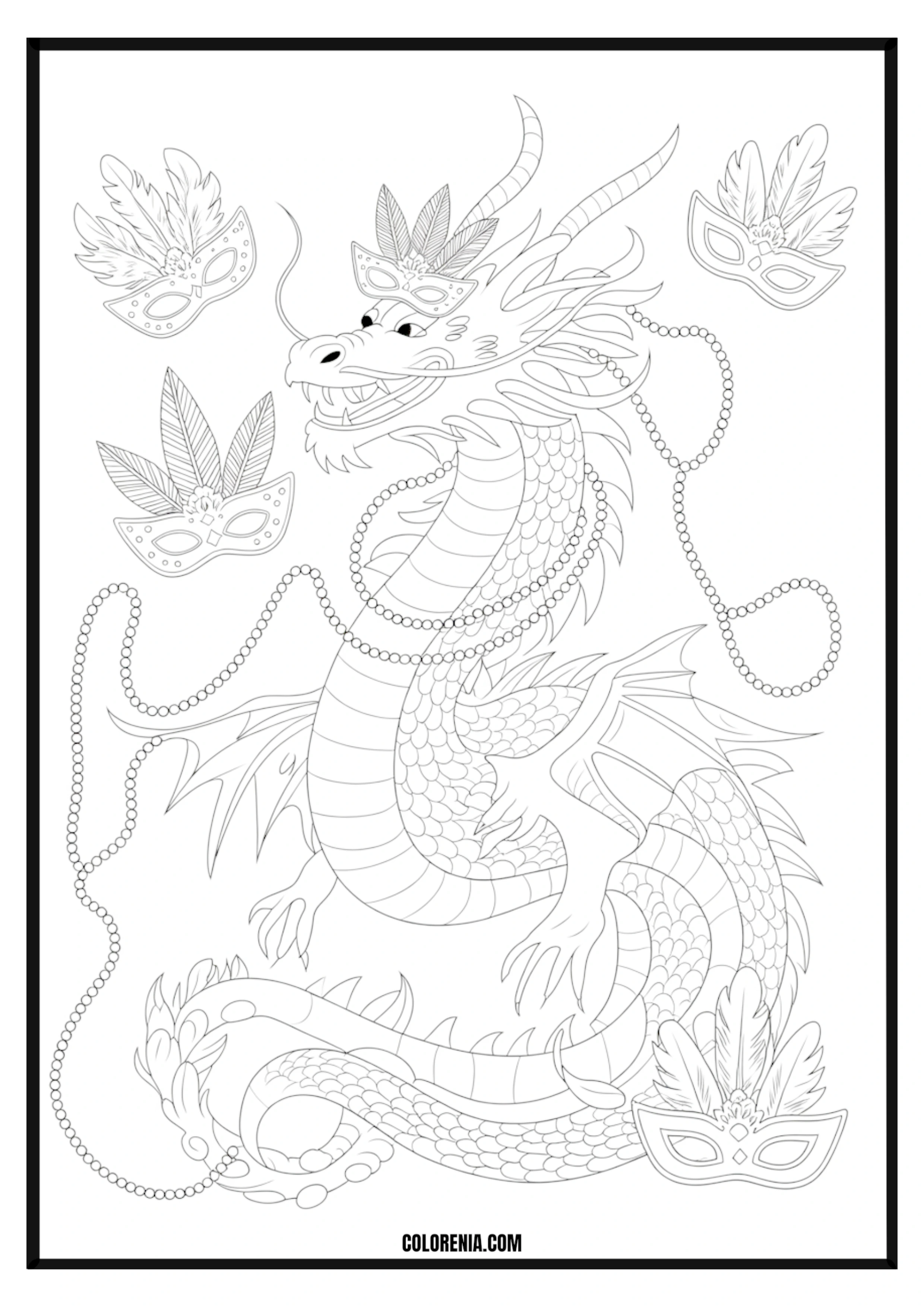 Mardi Gras Dragon and Masks Coloring Page