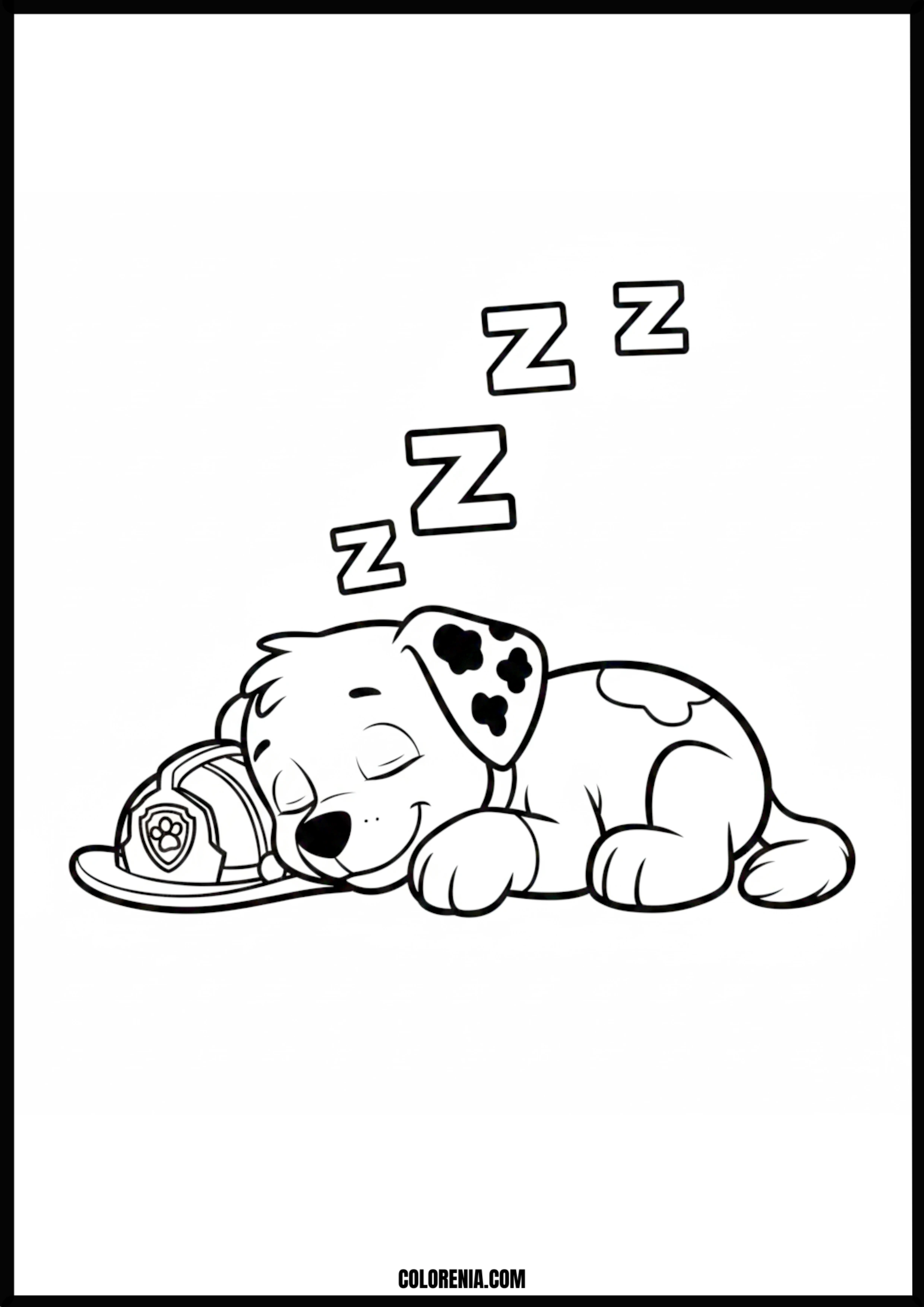 Marshall Puppy Sleeps on Firefighter Helmet Coloring Page