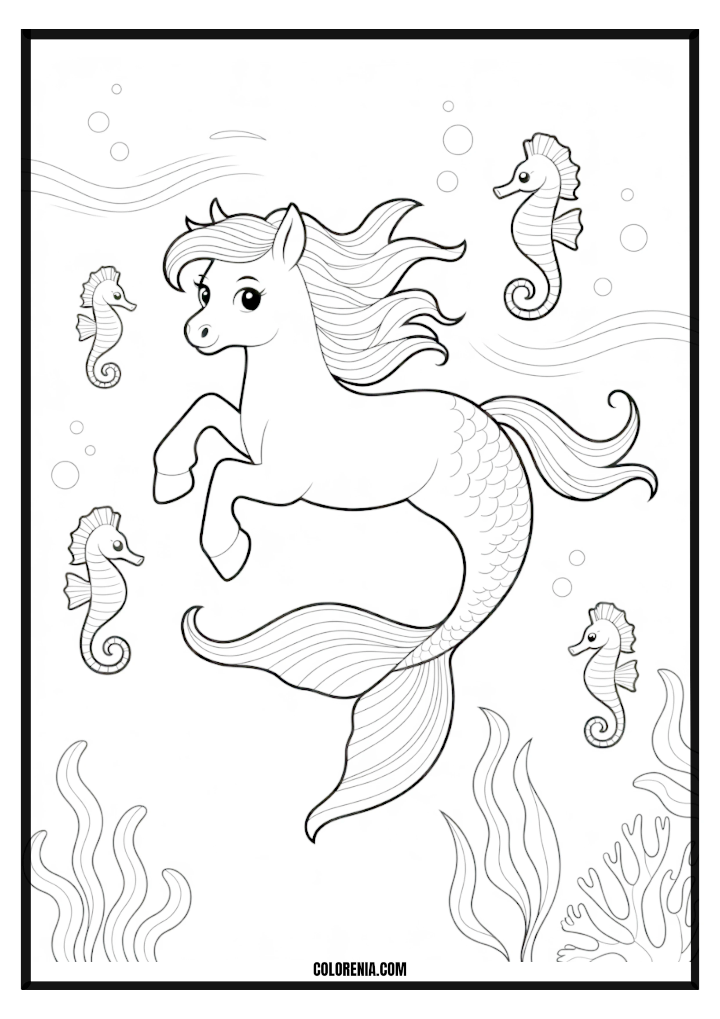 Merhorse and Seahorses Coloring Page Merhorse and seahorses in an underwater scene coloring page.