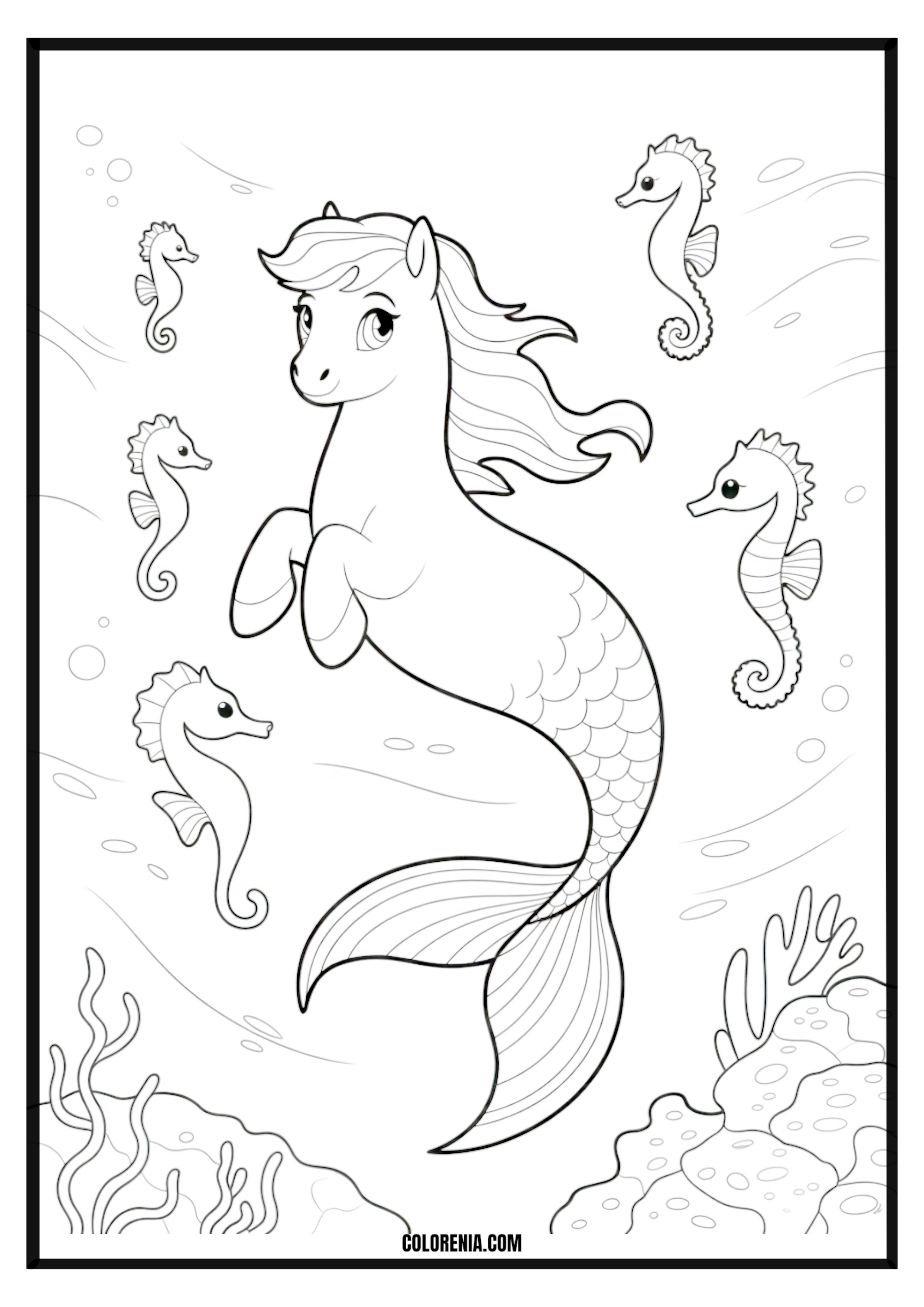 Merpony and Seahorses Underwater Coloring Page Merpony and seahorses in an underwater scene coloring page.