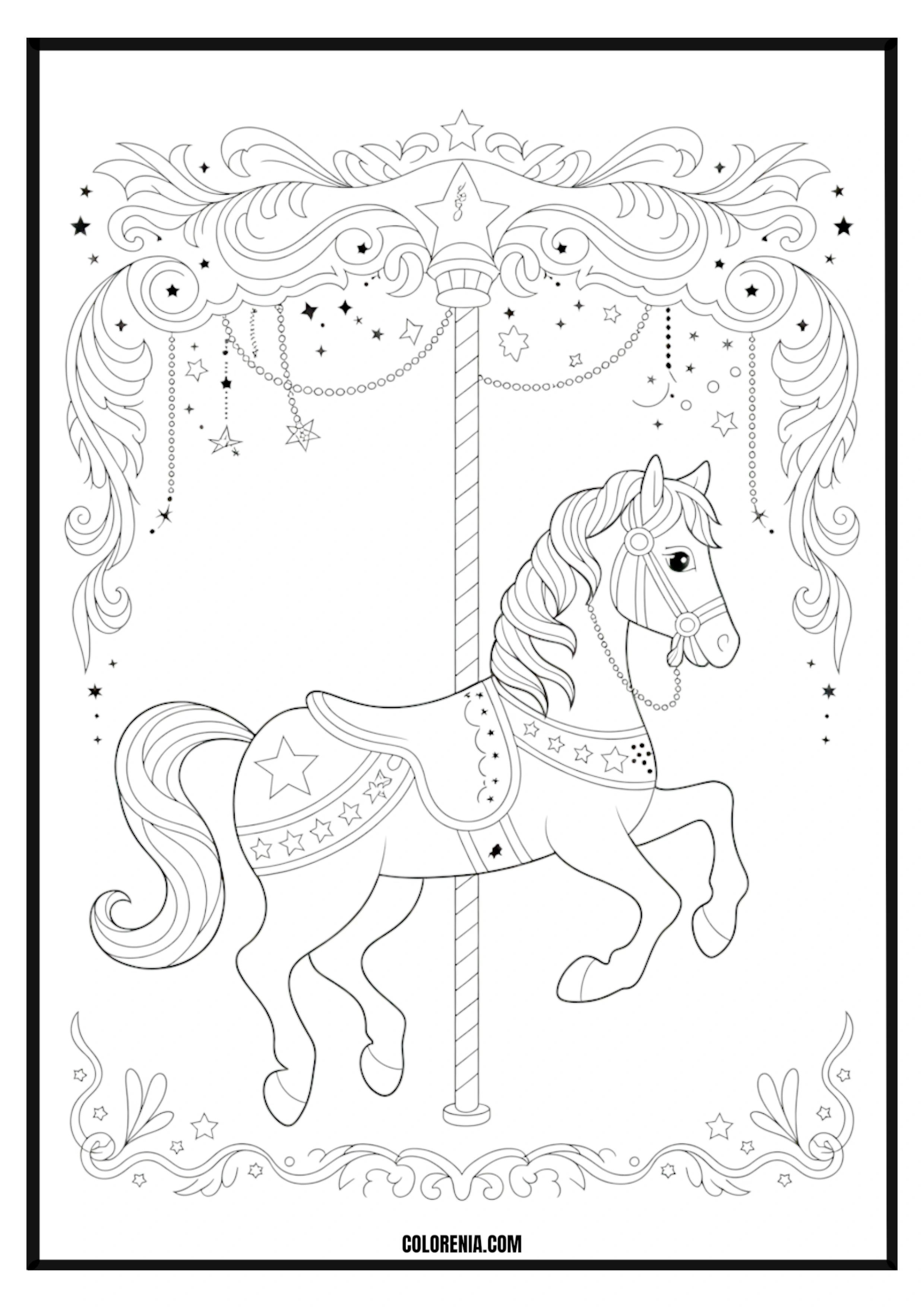 Ornate Carousel Horse with Stars Coloring Page Ornate carousel horse adorned with stars coloring page.