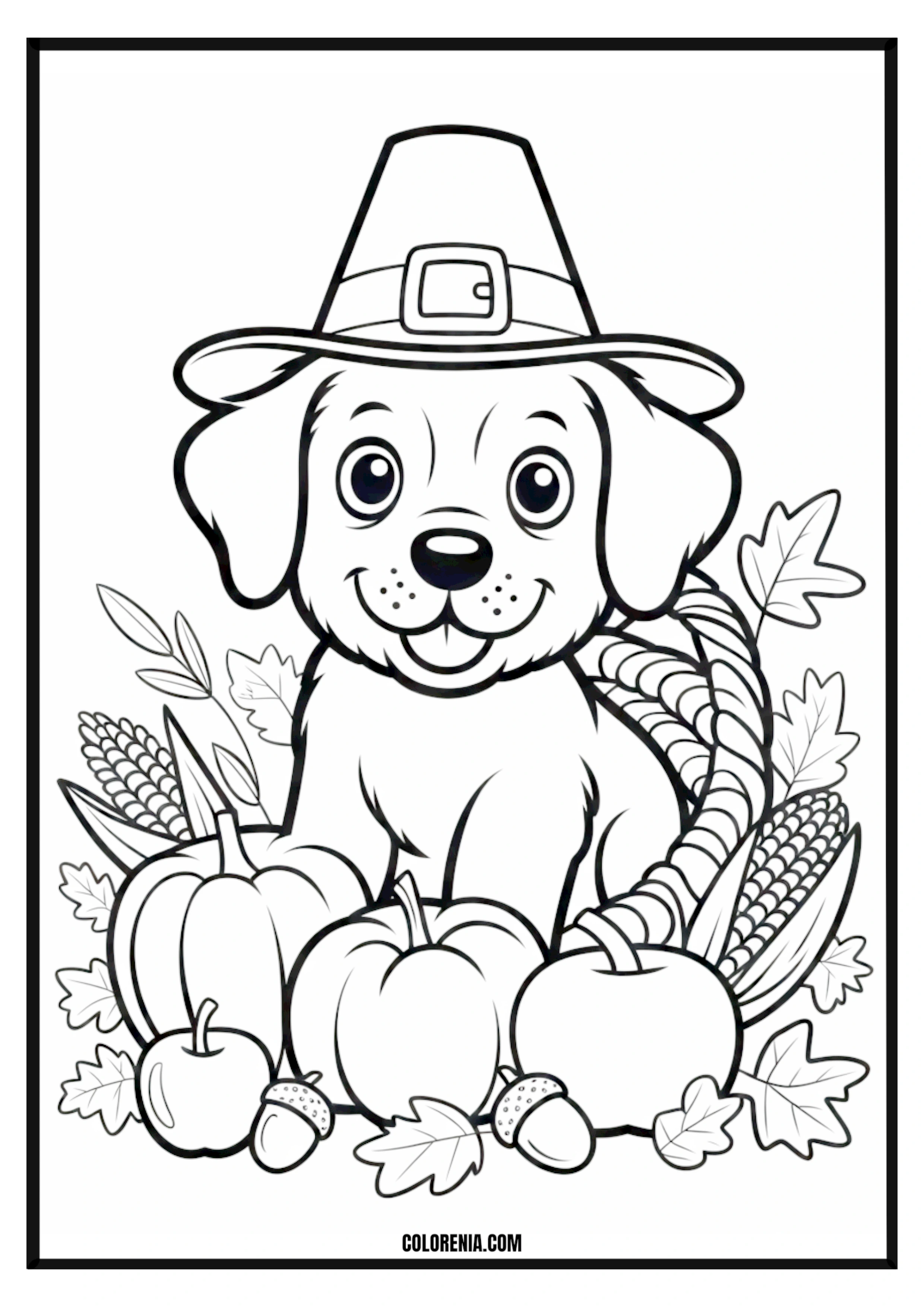 Printable Pilgrim Puppy with Autumn Harvest Coloring Page Pilgrim puppy with a bountiful autumn harvest, Thanksgiving theme.