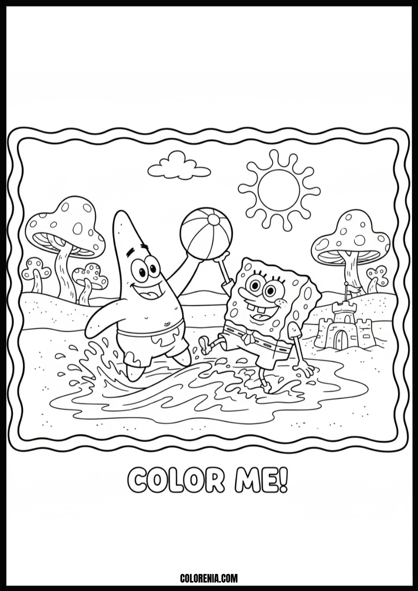 Playful SpongeBob and Patrick Beach Day Coloring Page