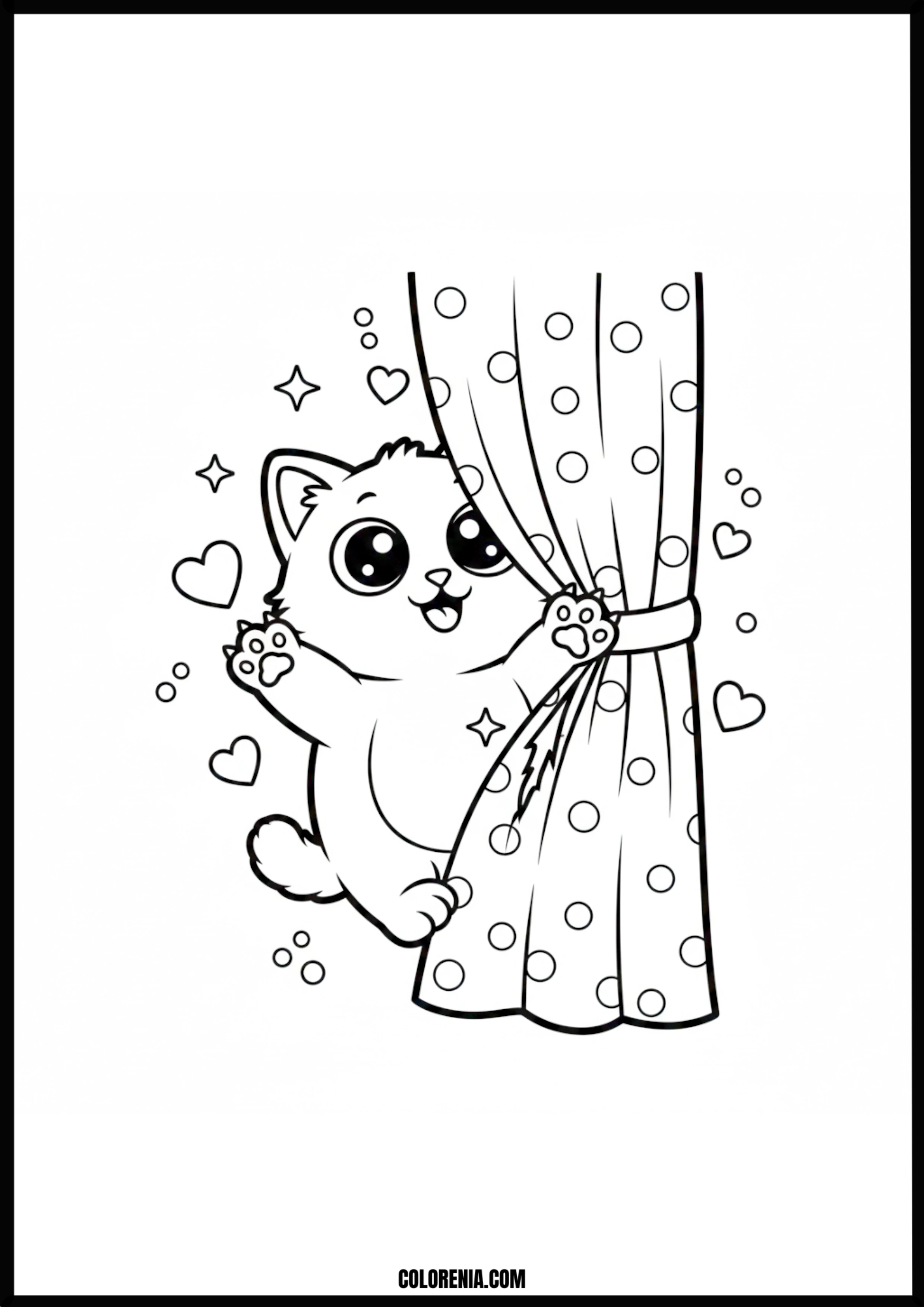 Playful Kitten Peeking From Curtain Coloring Page