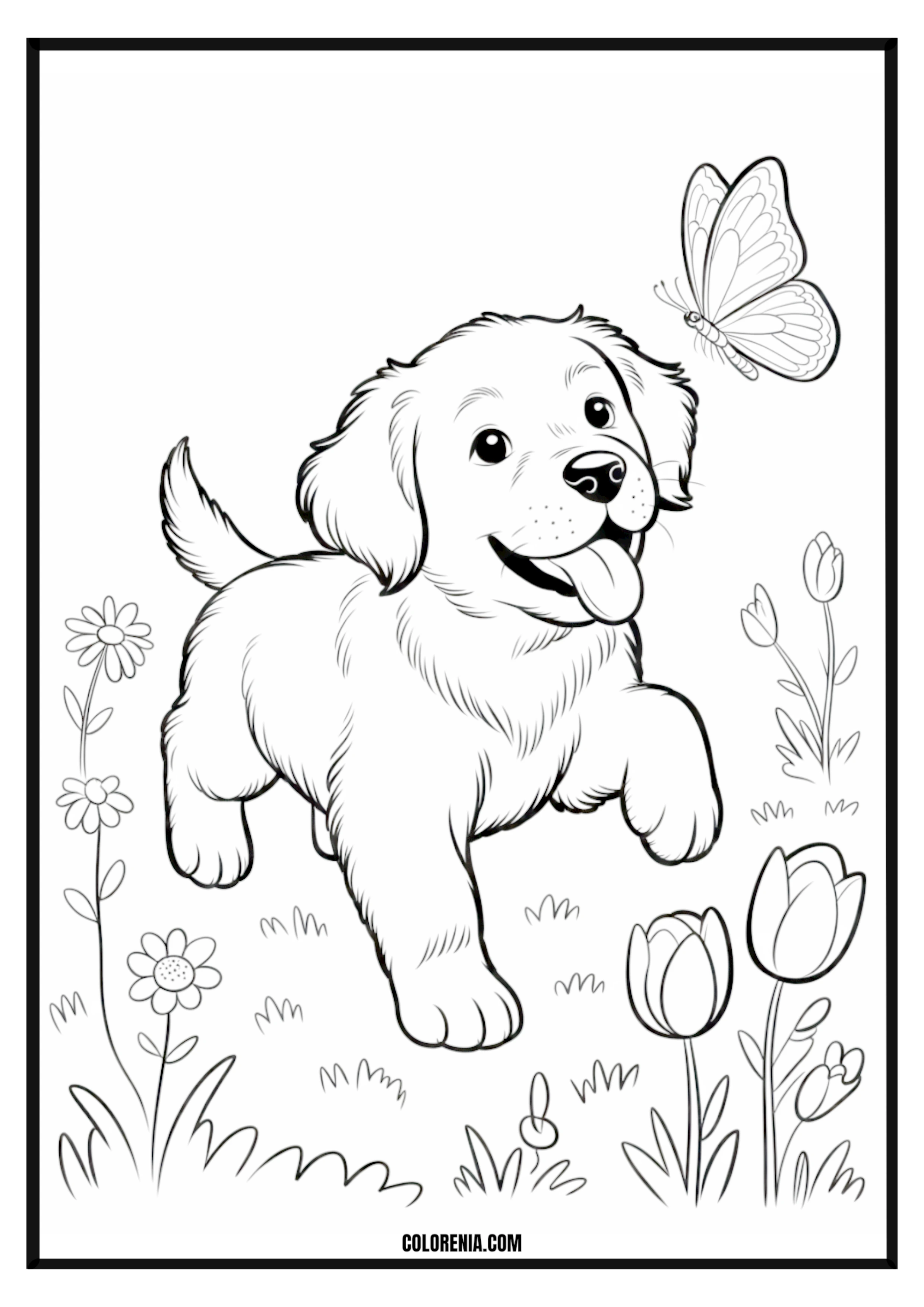 Printable Playful Puppy and Butterfly Coloring Page Playful puppy chasing a butterfly in a field, nature and animal fun.