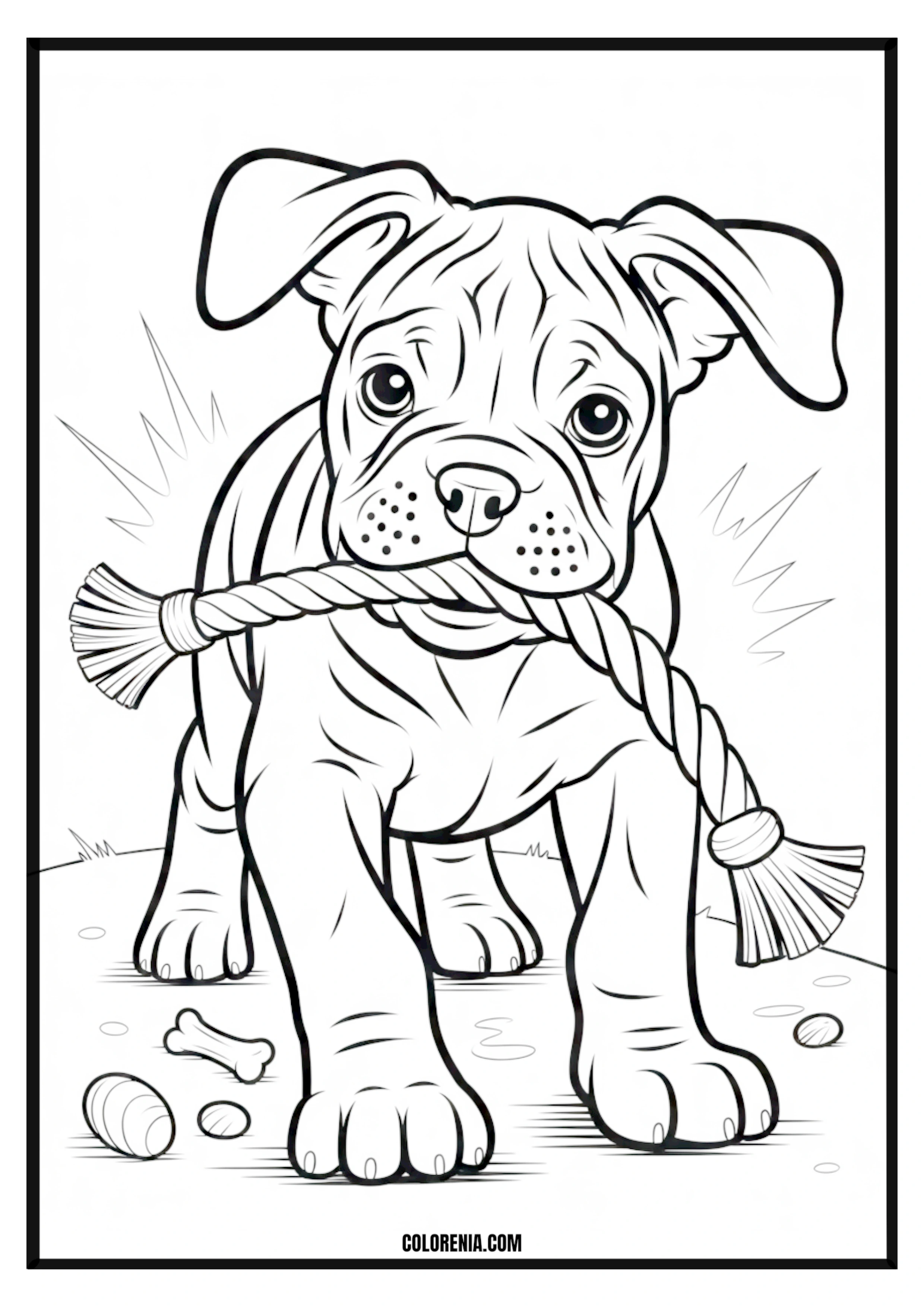 Printable Playful Puppy Holding Rope Toy Coloring Page Playful puppy happily holding a rope toy, ready for a game of tug.