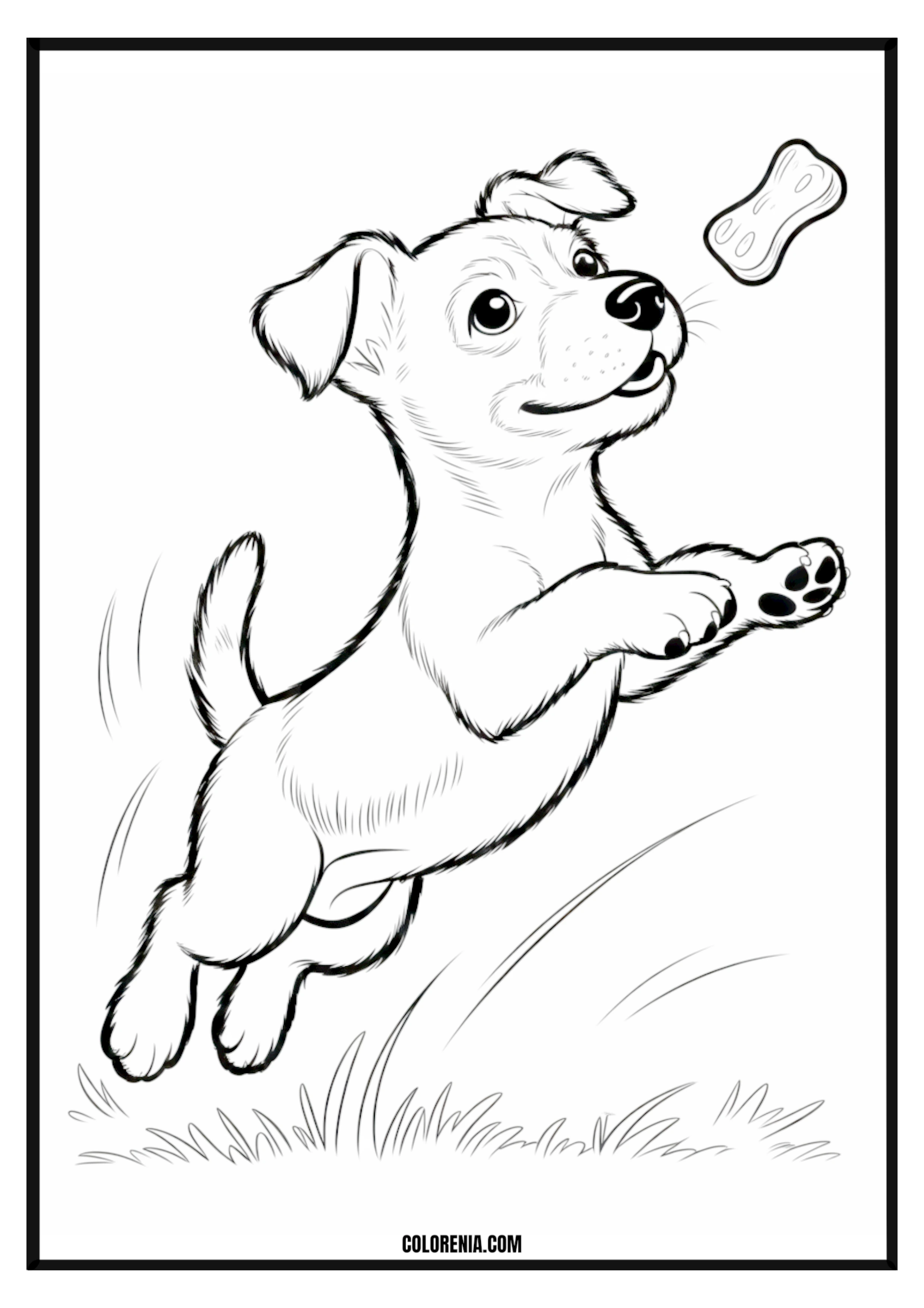 Printable Playful Puppy Jumps to Catch Bone Coloring Page Playful puppy leaping to catch a bone, dynamic action scene.