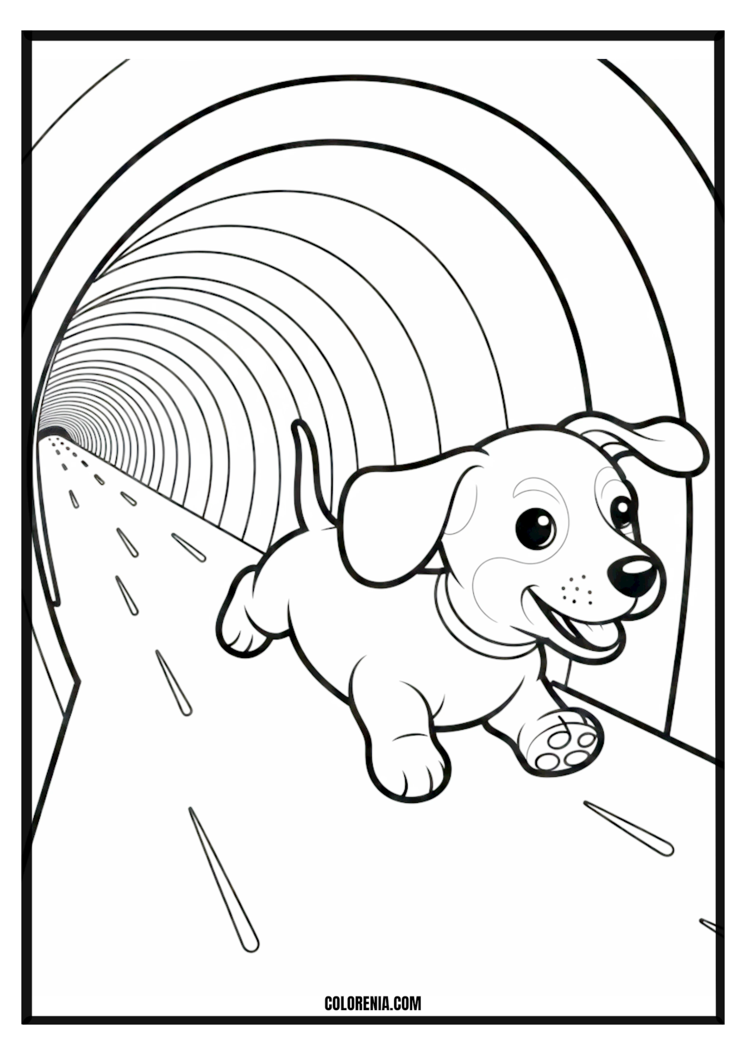 Printable Playful Puppy Running Through Tunnel Coloring Page Playful puppy running through an agility tunnel, energetic dog sport.
