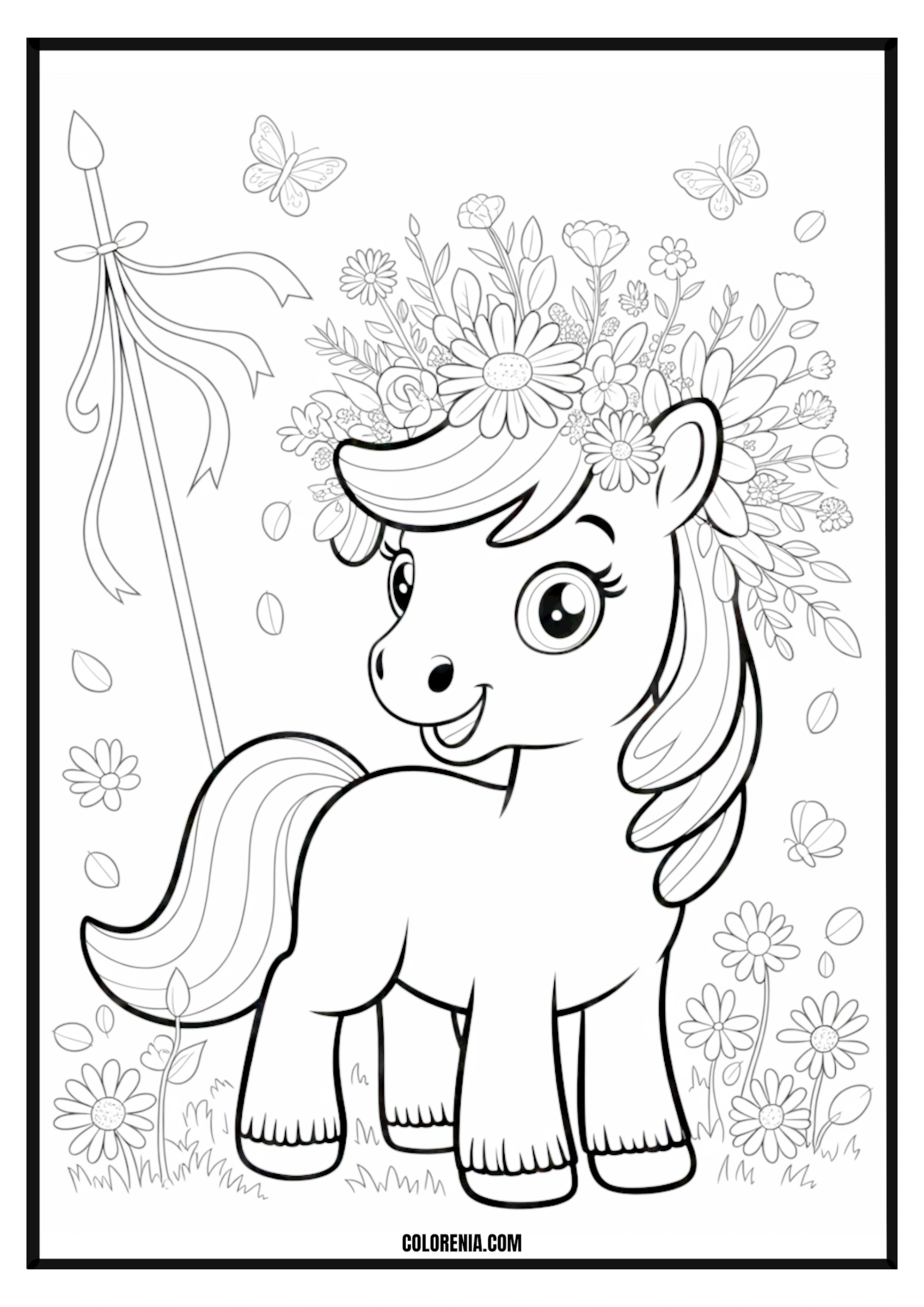 Pony, Flowers, Butterflies Coloring Page Pony surrounded by flowers and butterflies coloring page.