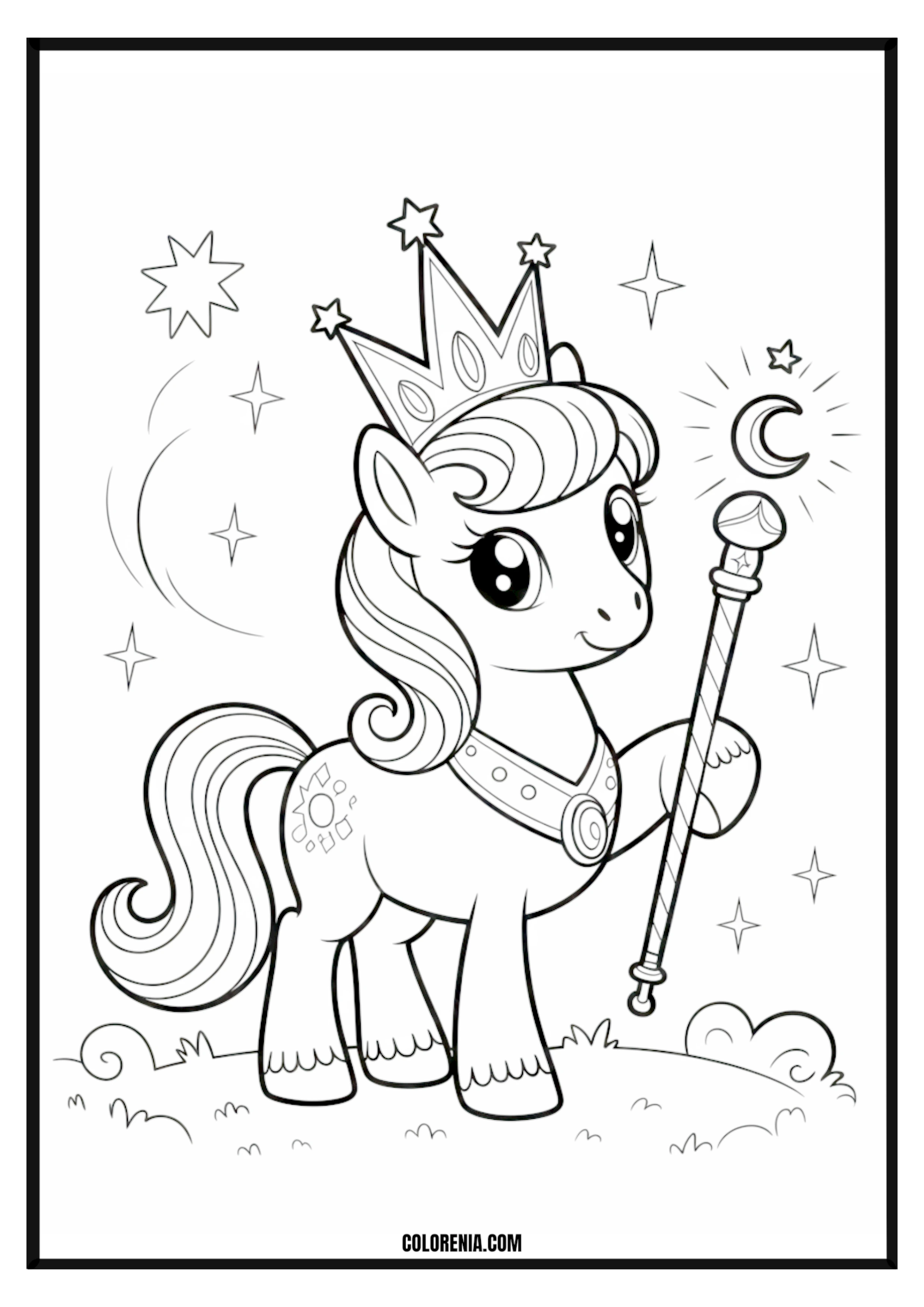 Pony Princess Crown Scepter Stars Moon Coloring Page Pony princess with crown, scepter, stars, and moon coloring page.