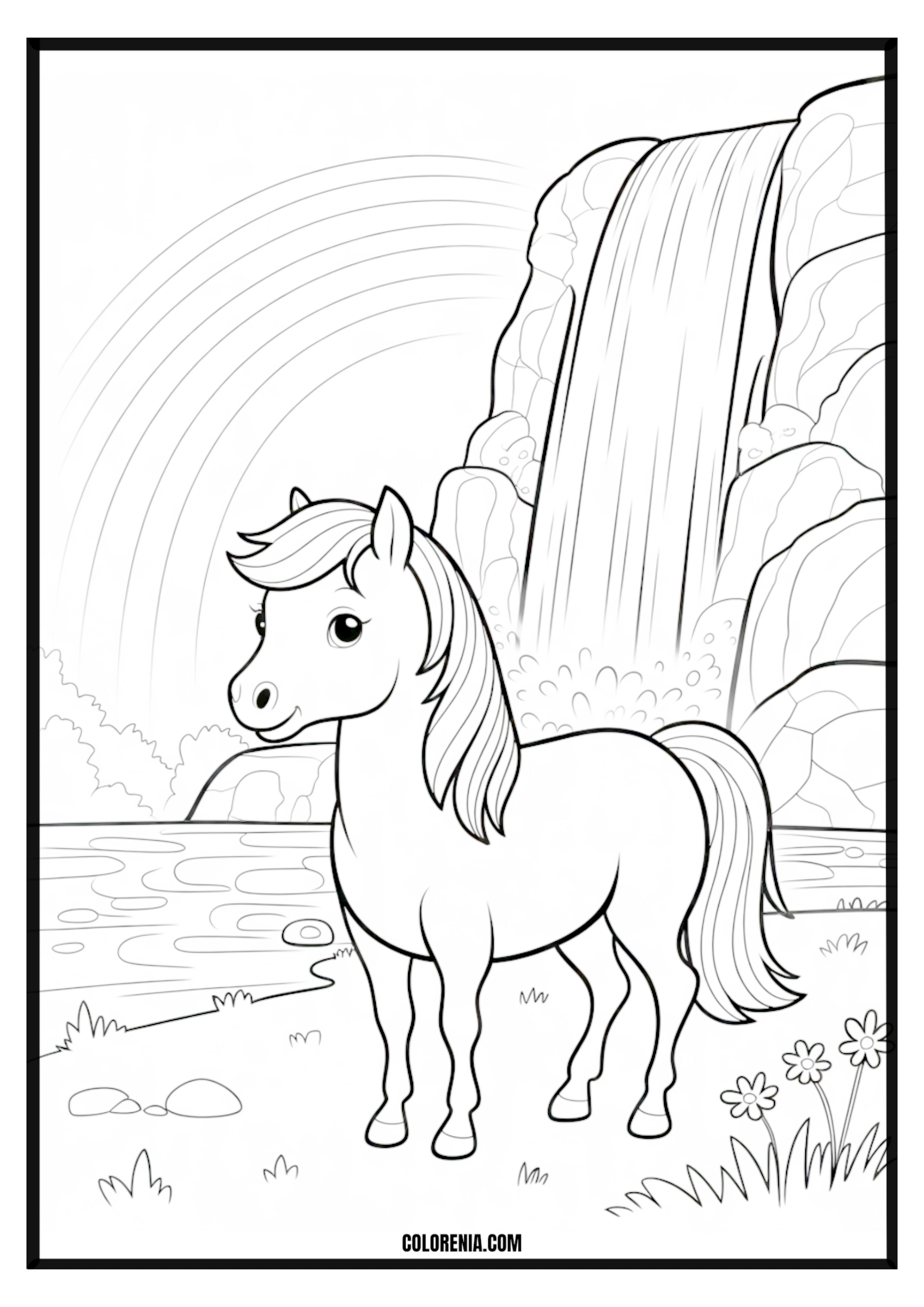 Pony Waterfall Rainbow Coloring Page Pony by a waterfall with a rainbow coloring page.