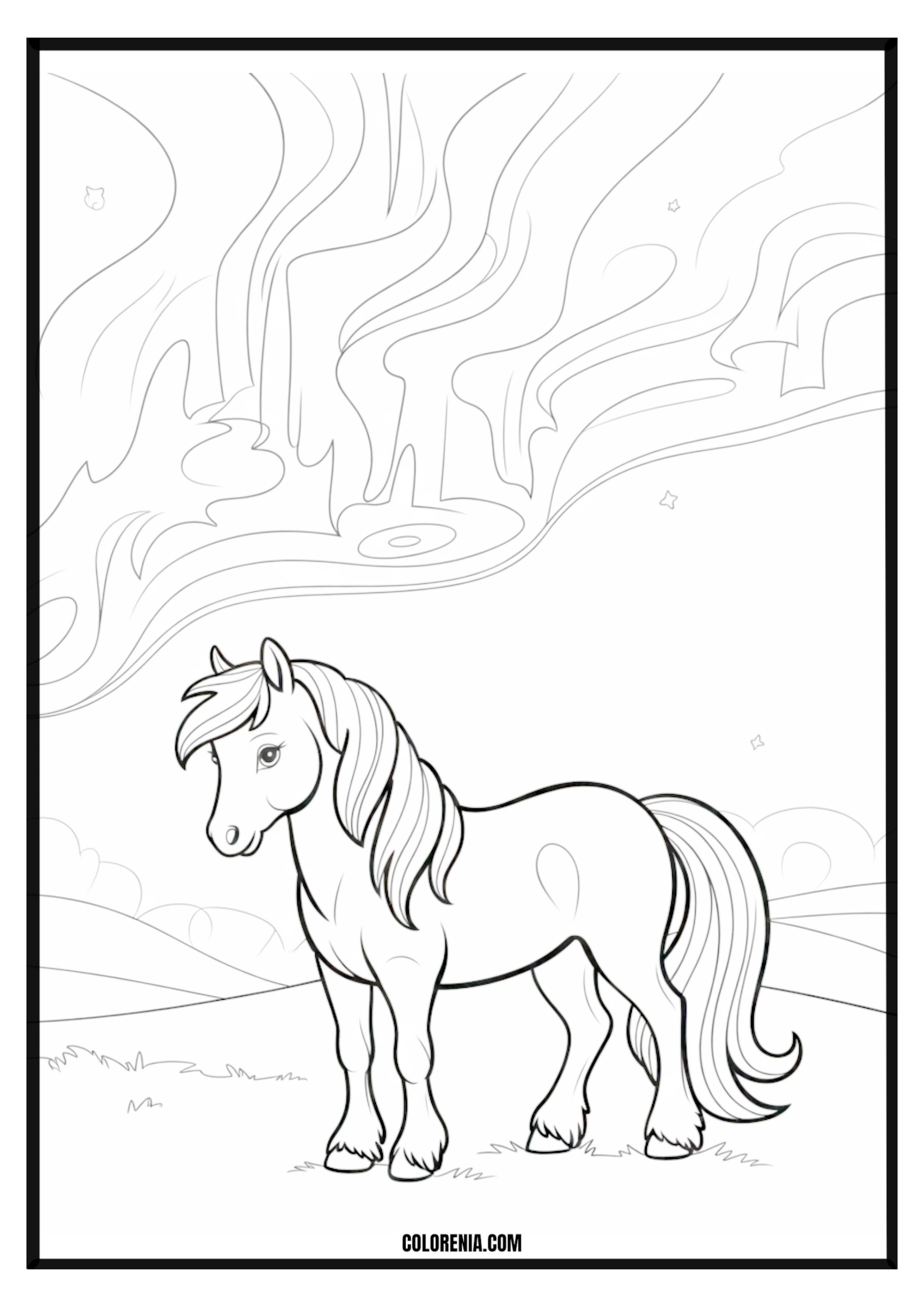 Pony and Aurora Sky Coloring Page Pony under a stunning aurora borealis sky coloring page.