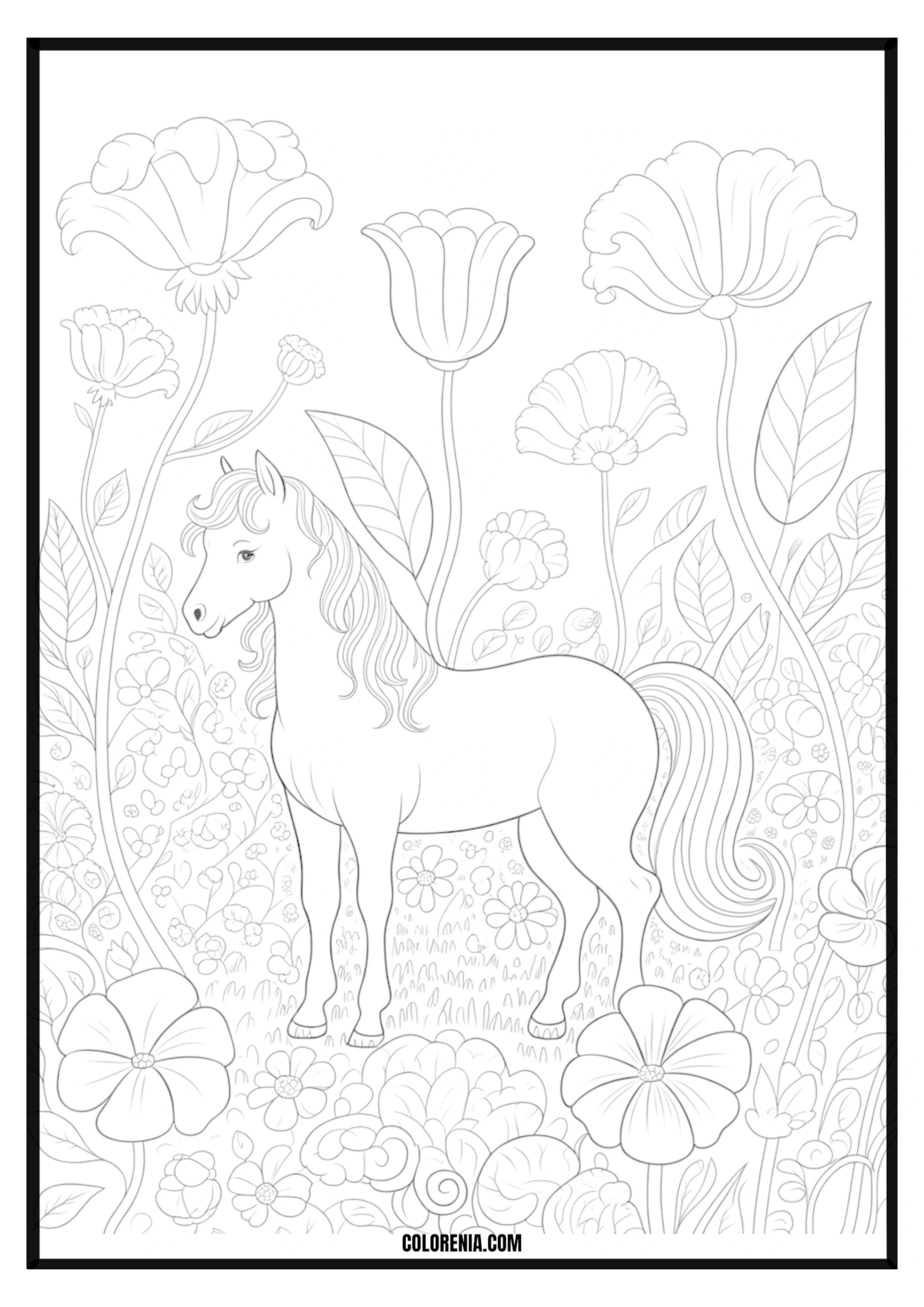 Pony and Flowers Coloring Page Cute pony surrounded by flowers coloring page.