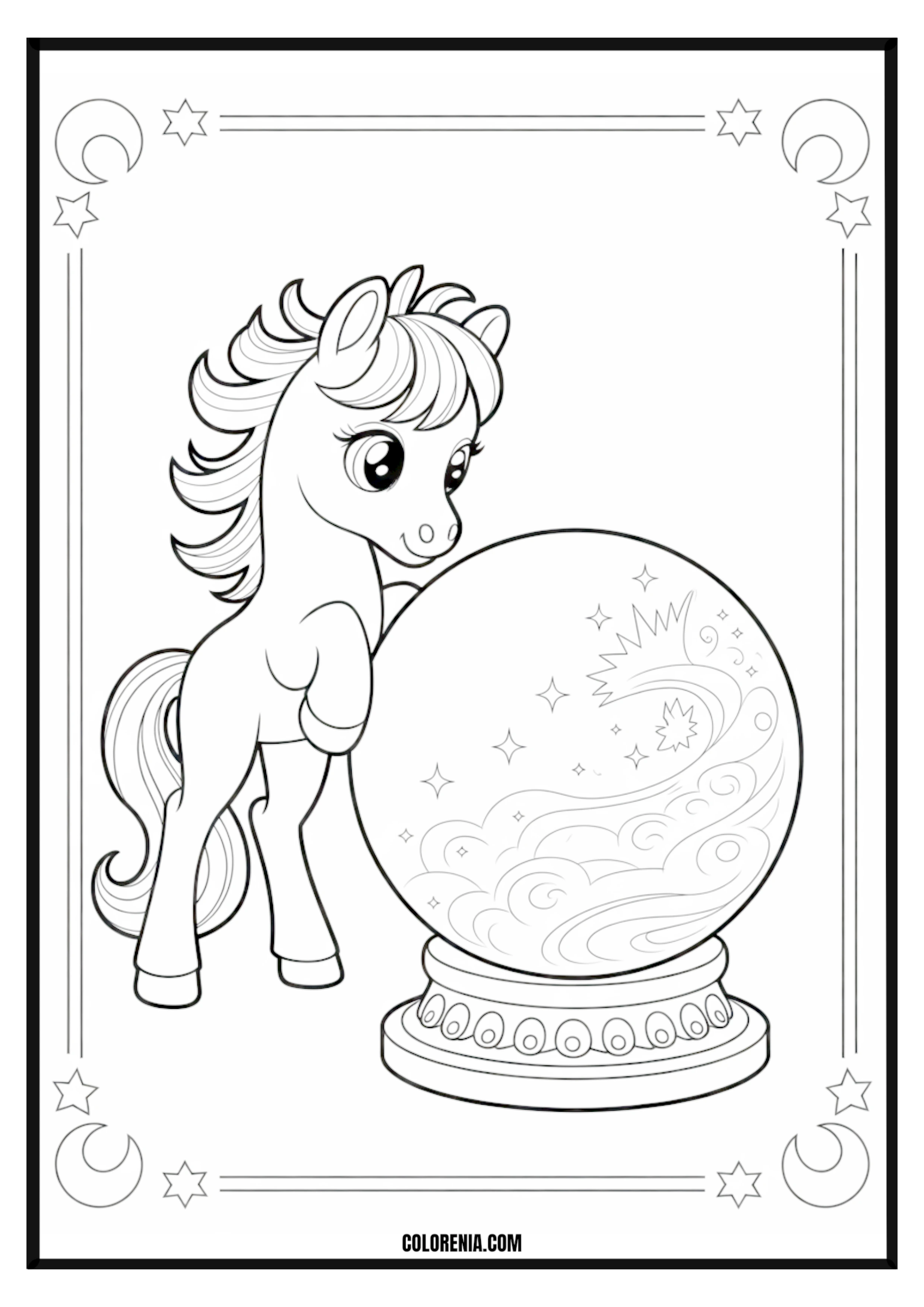 Pony and Magic Crystal Ball Coloring Page Pony looking into a magic crystal ball coloring page.