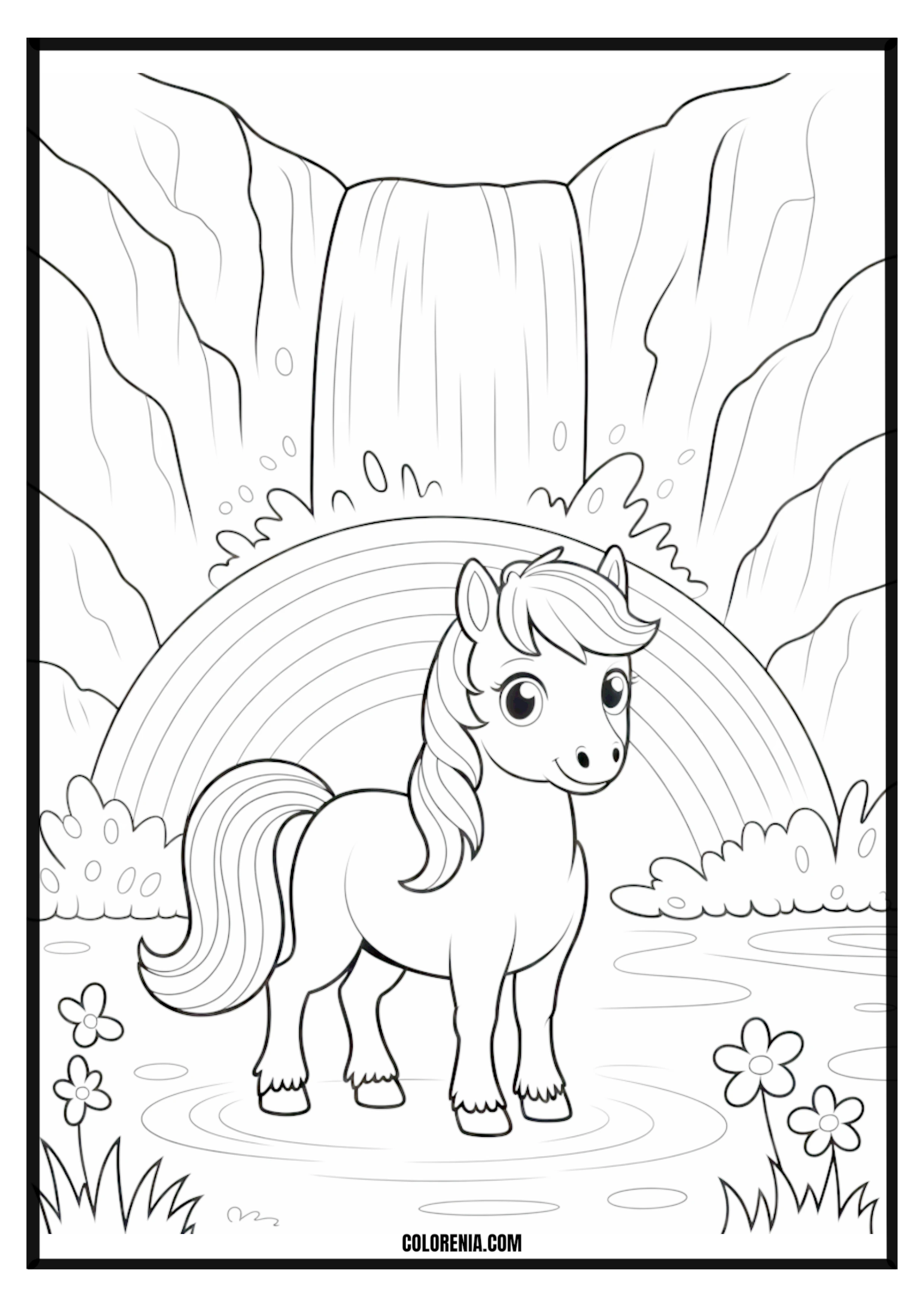 Pony at Rainbow Waterfall Coloring Page Pony at a rainbow waterfall coloring page.