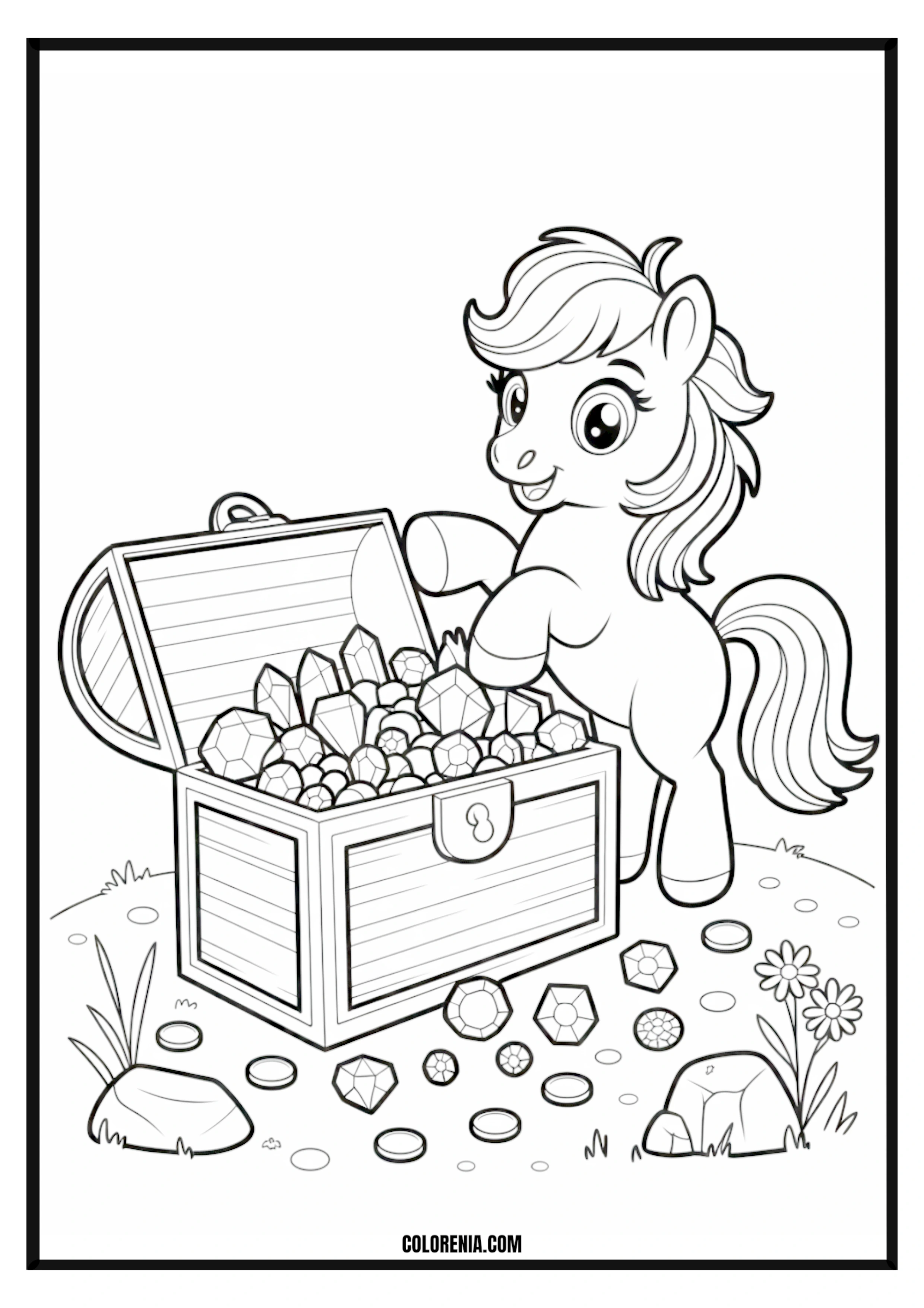 Pony Discovers Treasure Chest Filled with Gems Pony discovers treasure chest filled with gems coloring page.