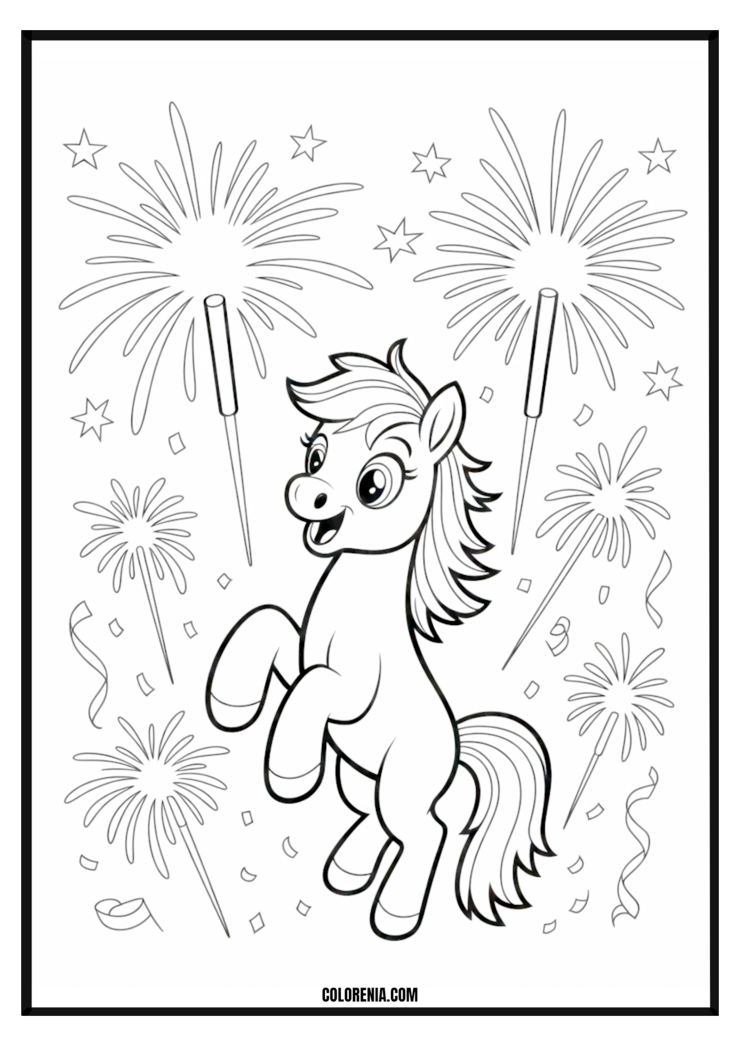 Pony Fireworks Coloring Page Pony watching fireworks in the night sky coloring page.