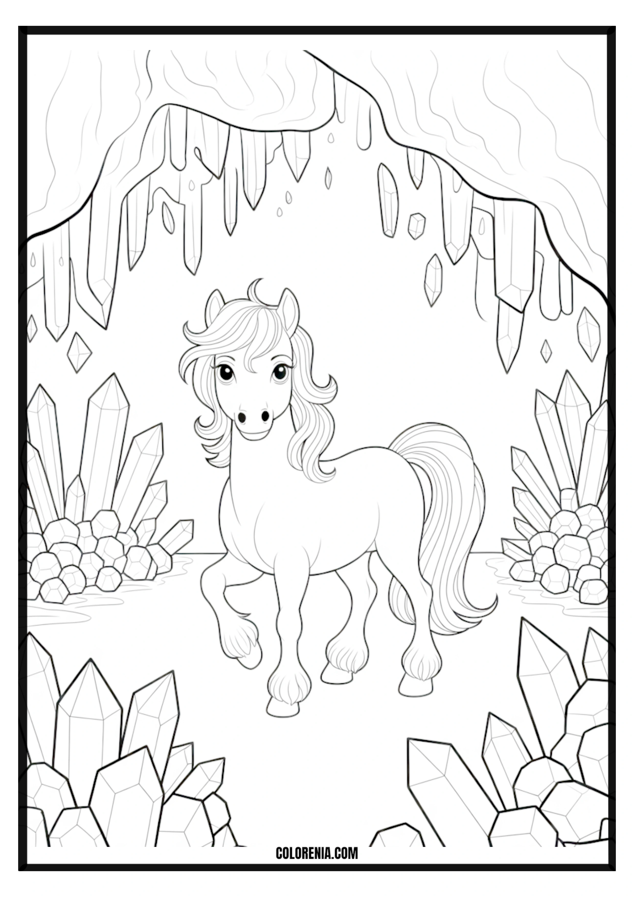 Pony in Crystal Cave Coloring Page Pony in a beautiful crystal cave coloring page.