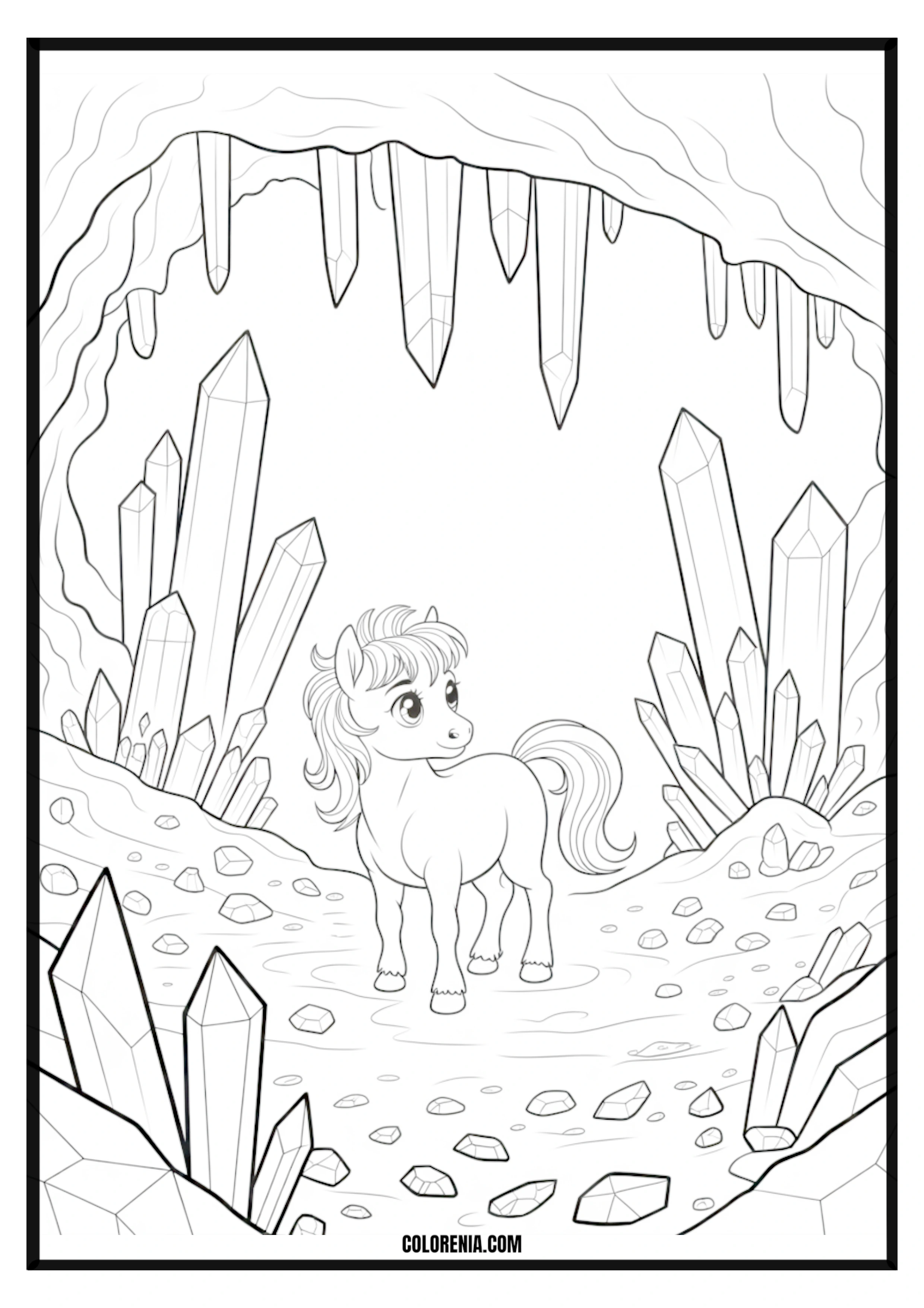 Pony in a Crystal Cave Coloring Page Pony exploring a crystal cave coloring page.