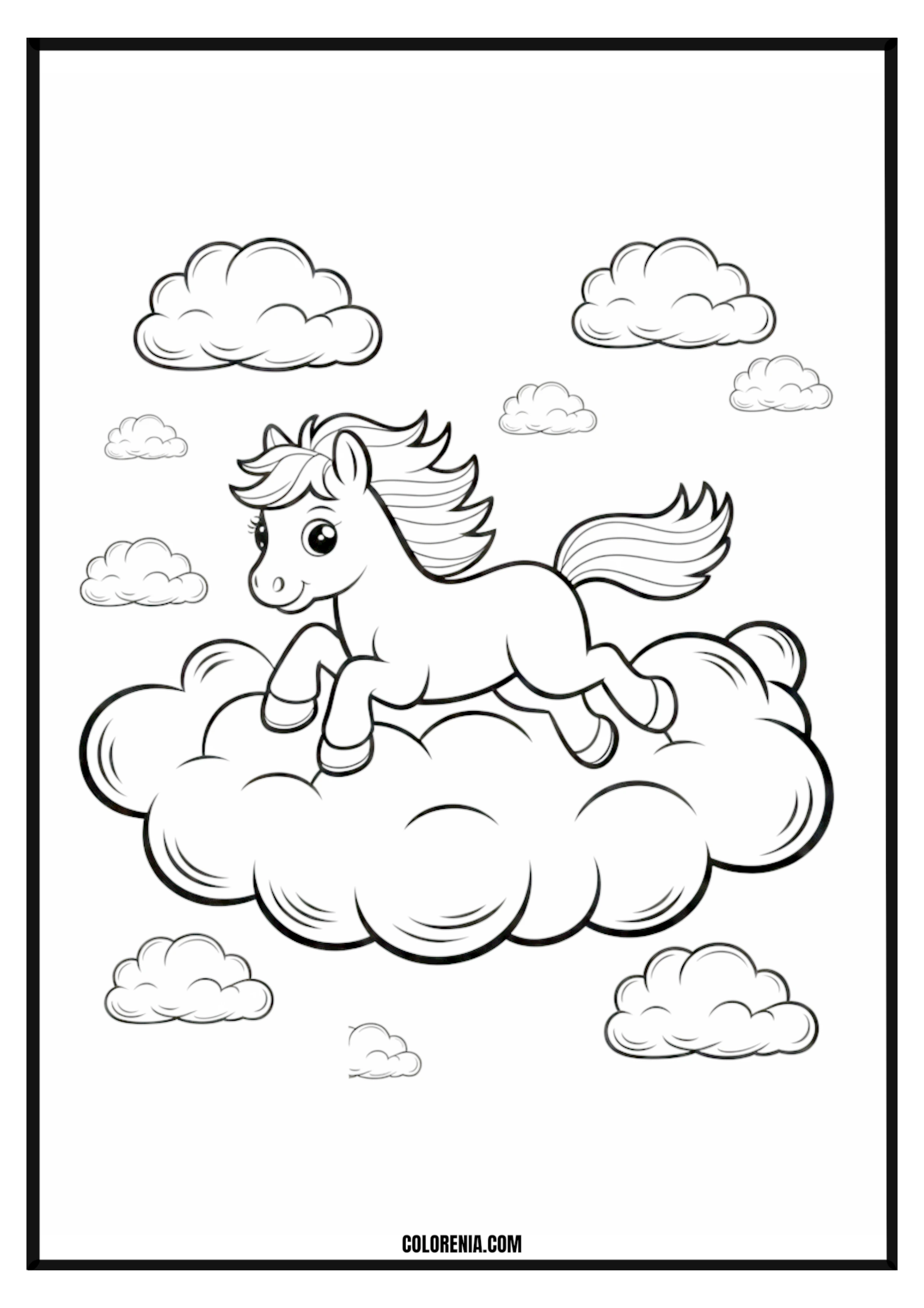 Pony Jumping on Clouds Coloring Page Pony happily jumping on clouds in the sky coloring page.
