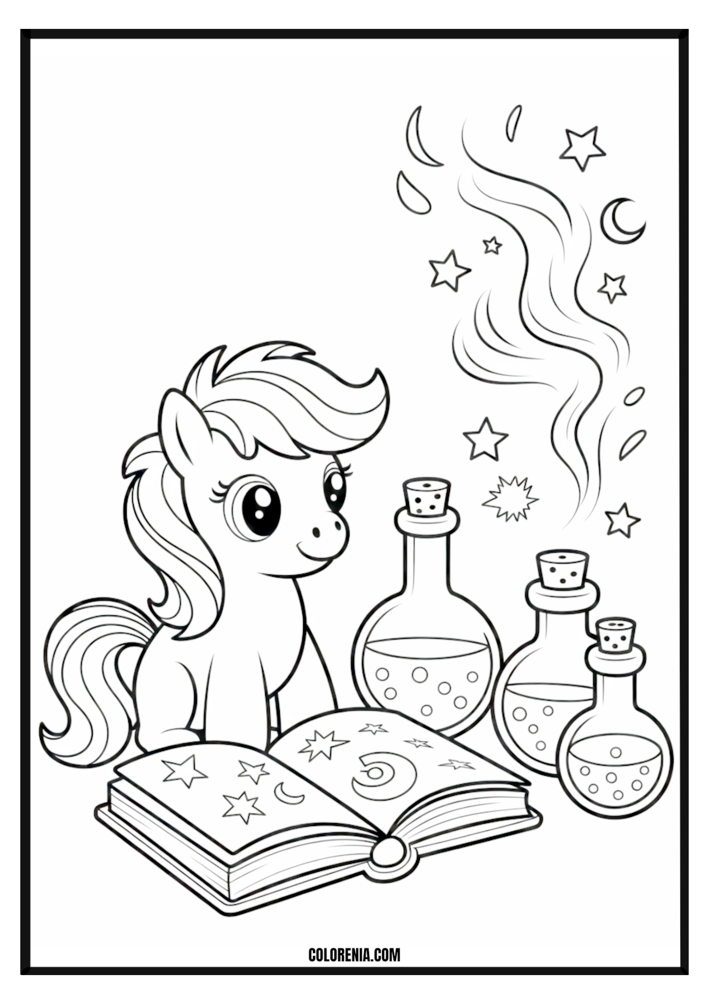 Pony Magic Potions and Spellbook Coloring Page Pony with magic potions and spellbook coloring page.