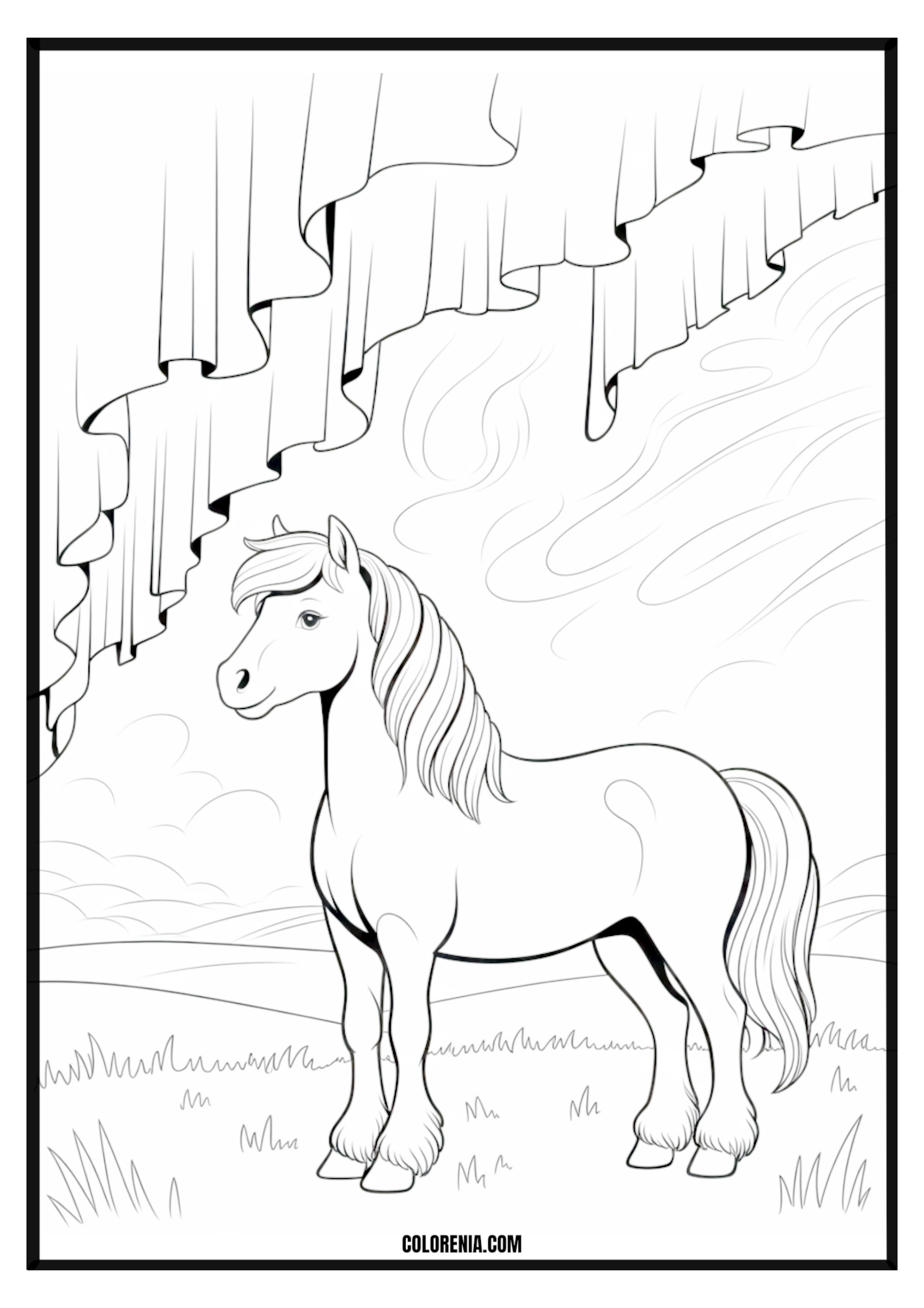 Pony Northern Lights Coloring Outline Pony under the northern lights coloring outline.