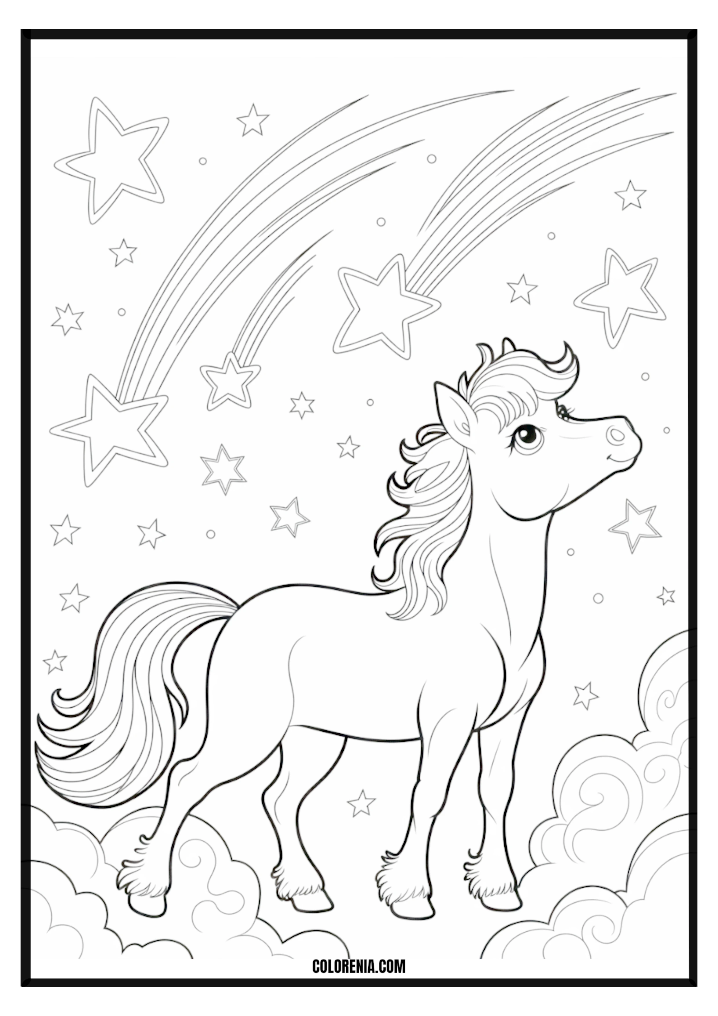 Pony on Clouds with Shooting Stars Coloring Page Pony on clouds with shooting stars coloring page.