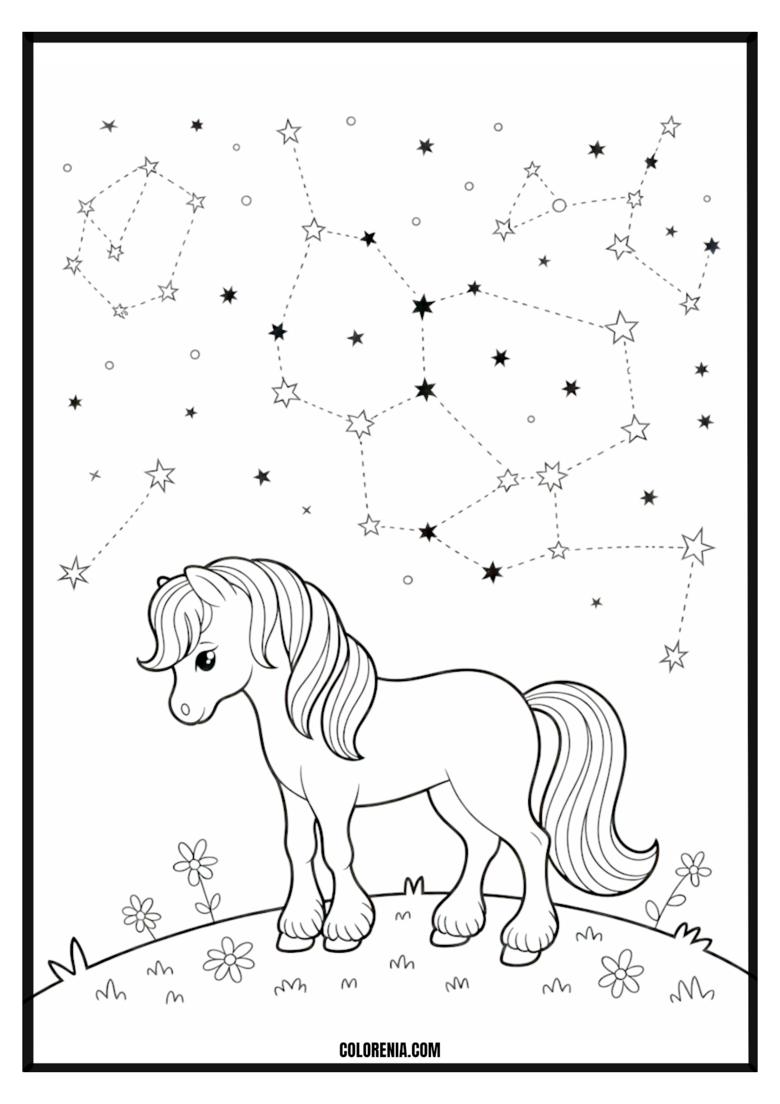 Pony on Grassy Hill with Constellations Pony on a grassy hill with constellations coloring page.