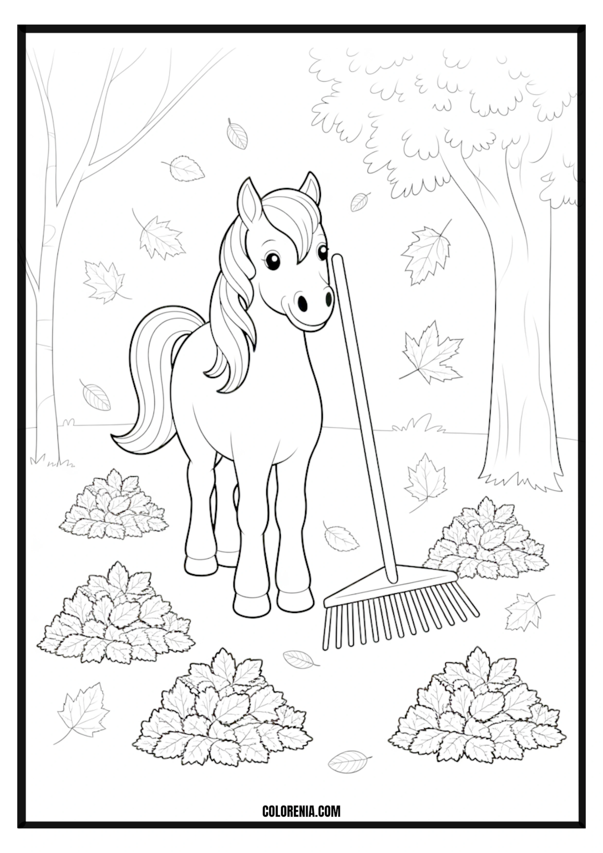 Pony Raking Autumn Leaves Coloring Page Pony raking autumn leaves coloring page.