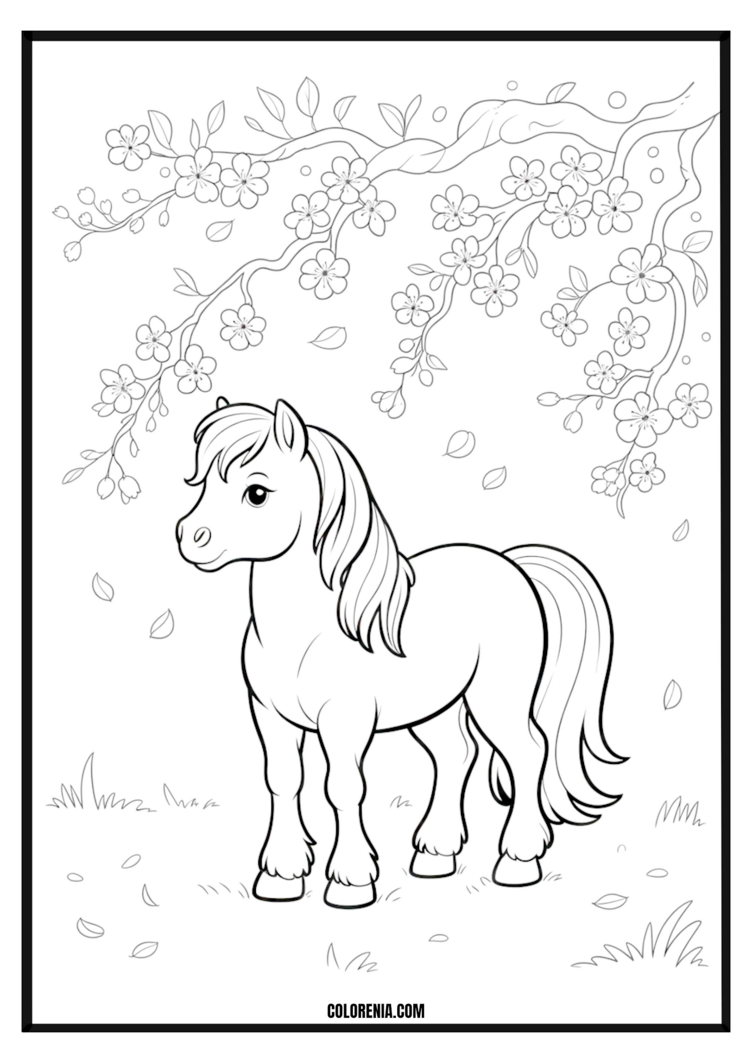 Pony Under Cherry Blossoms Coloring Page Pony under a blooming cherry blossom tree coloring page.
