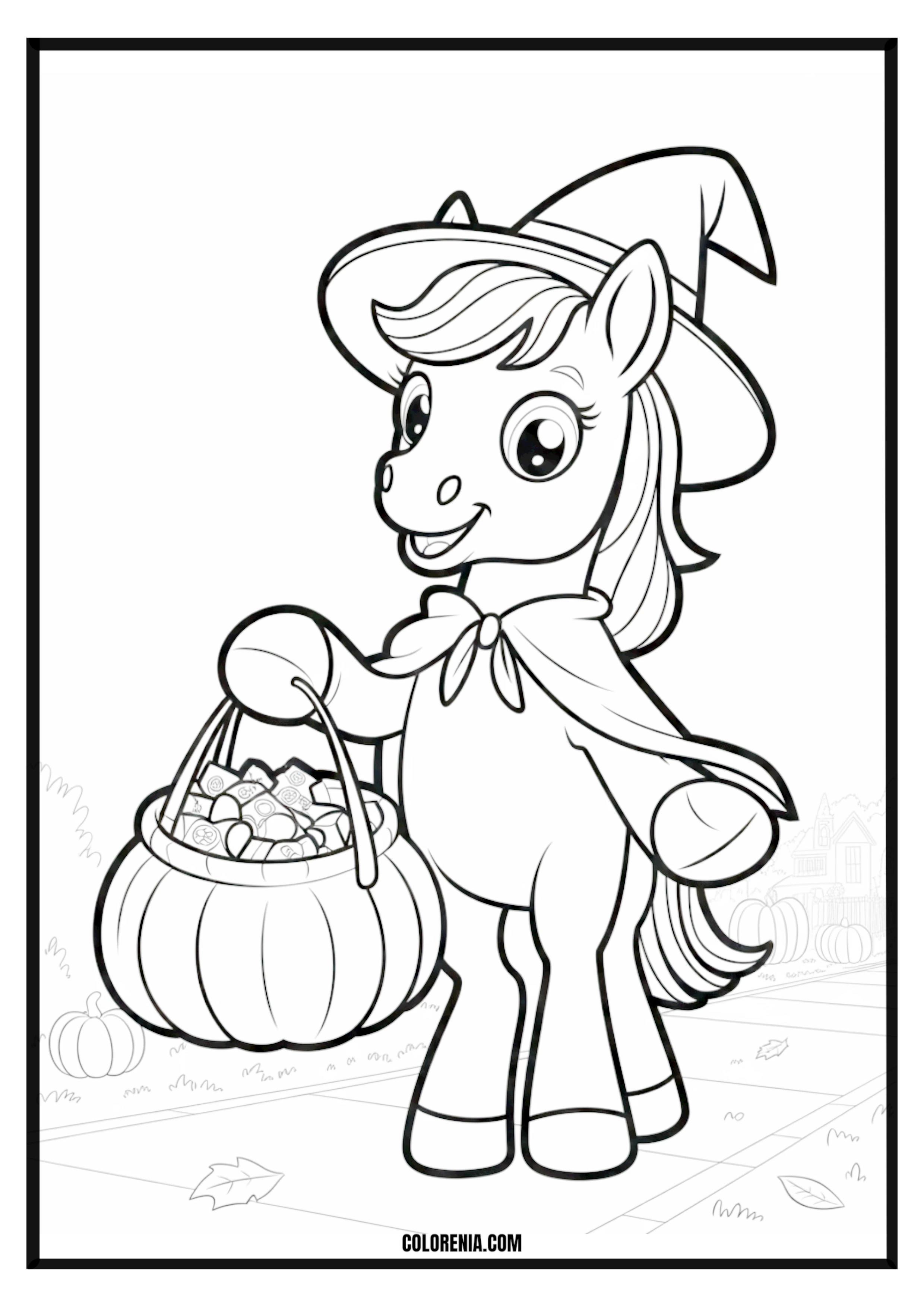 Pony Witch Holding Halloween Candy Pumpkin Pony witch holding Halloween candy and pumpkin coloring page.
