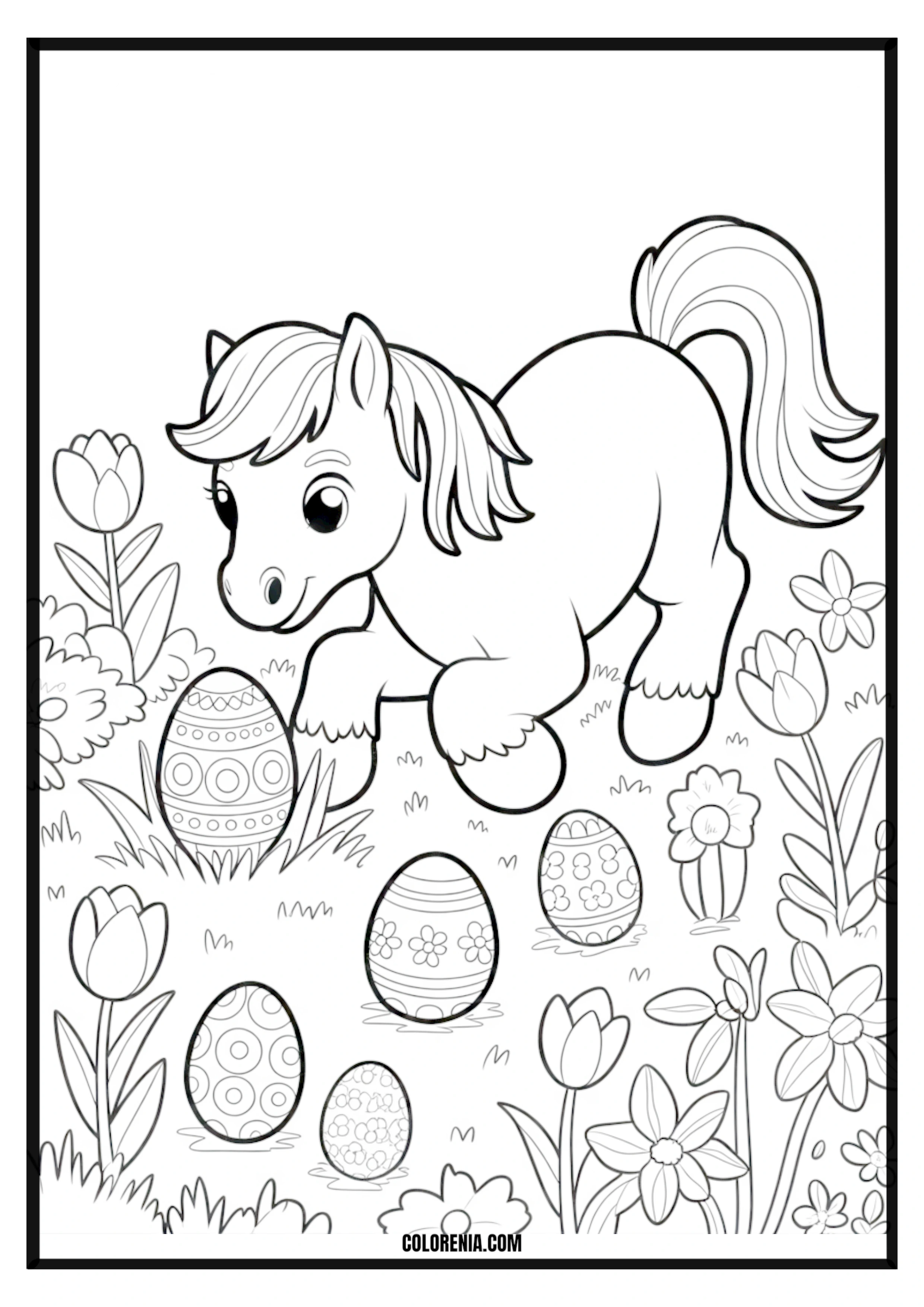 Pony with Easter Eggs and Flowers Coloring Page Pony with Easter eggs and flowers coloring page.
