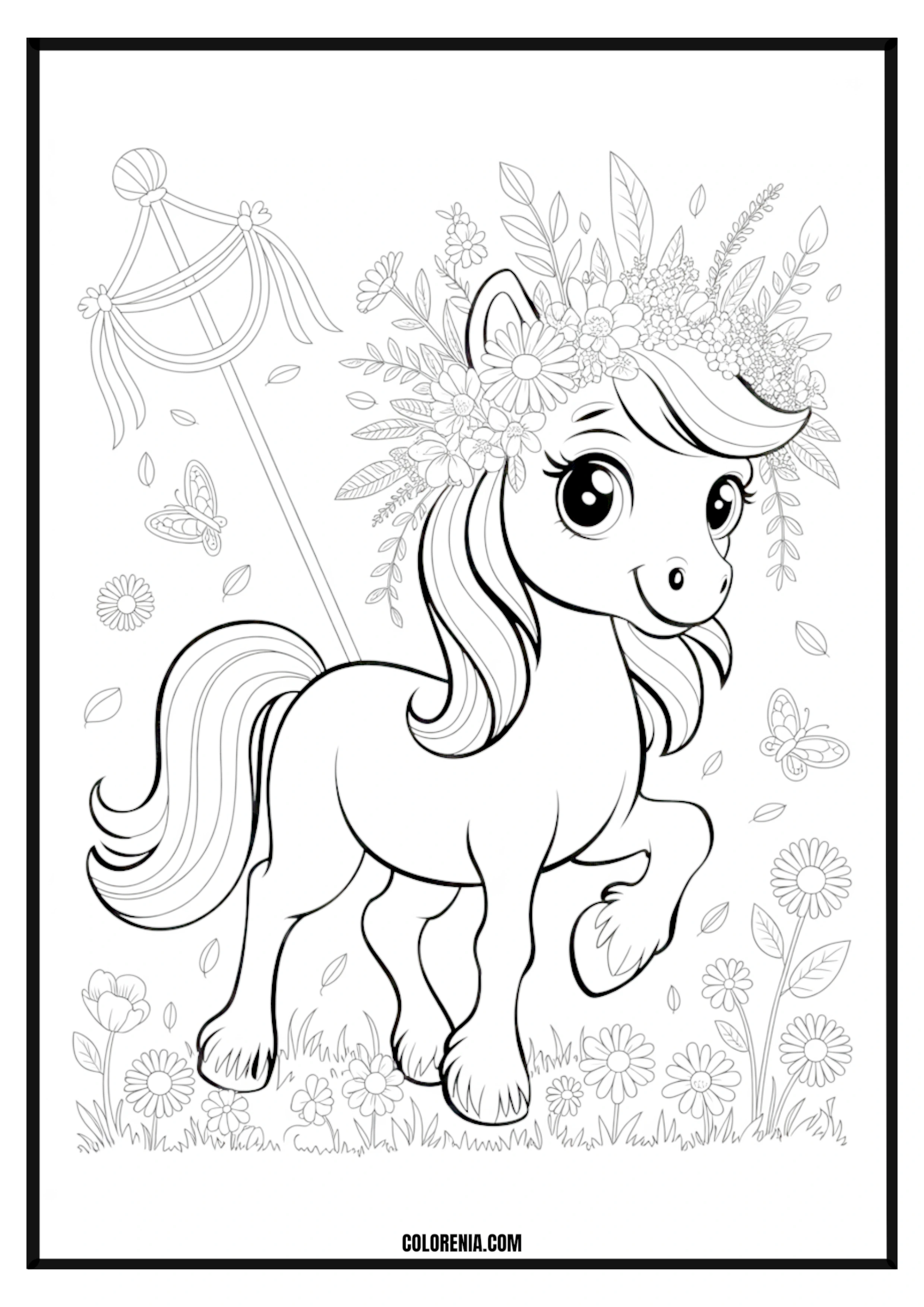 Pony with Flower Crown and Butterflies Pony with a flower crown and butterflies coloring page.