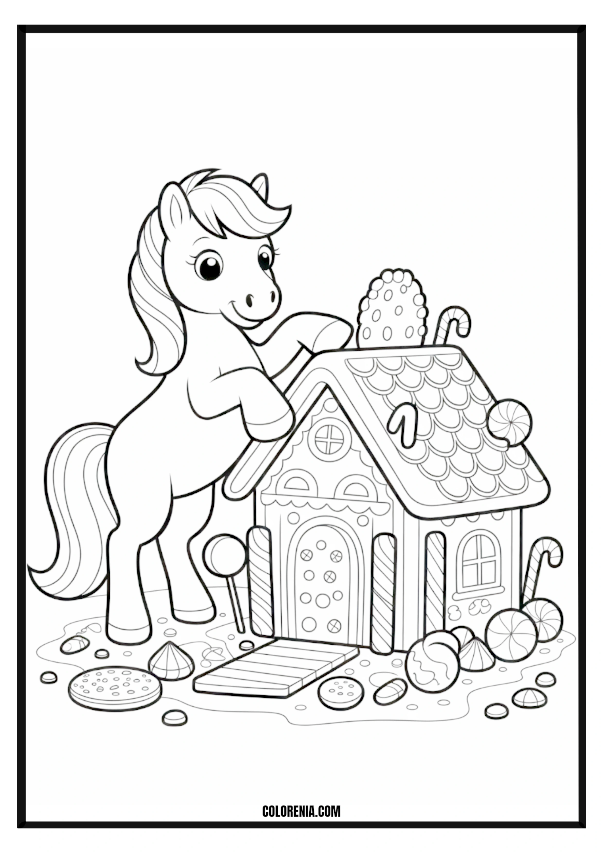 Pony with Gingerbread Candy House Coloring Page Pony with a gingerbread candy house coloring page.
