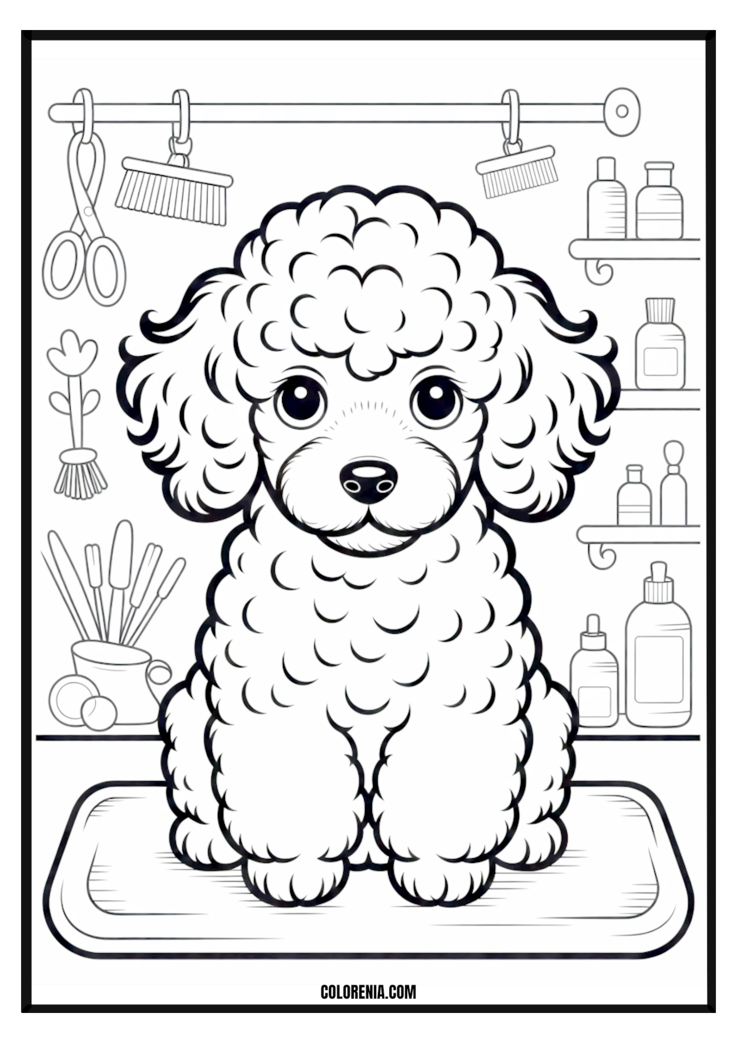 Printable Poodle Puppy Grooming Coloring Page Elegant Poodle puppy getting groomed, pet care scene for coloring.