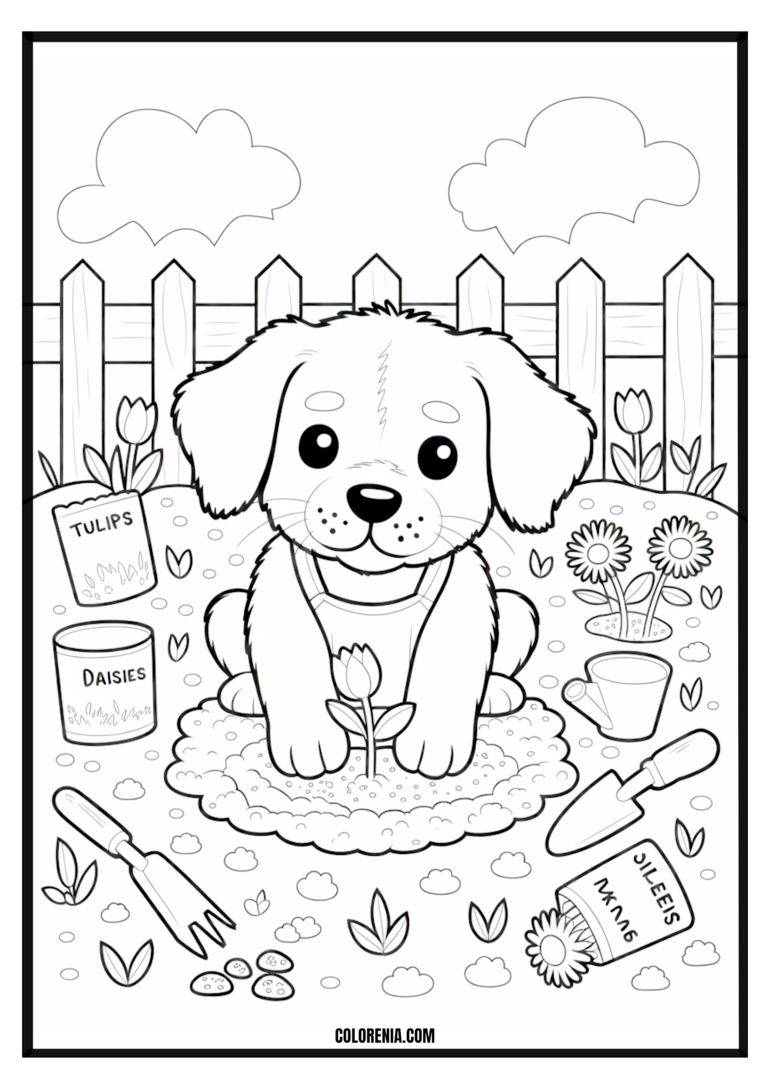 Printable Puppy Gardening Coloring Page Cute puppy wearing a gardening hat and planting flowers, wholesome scene.