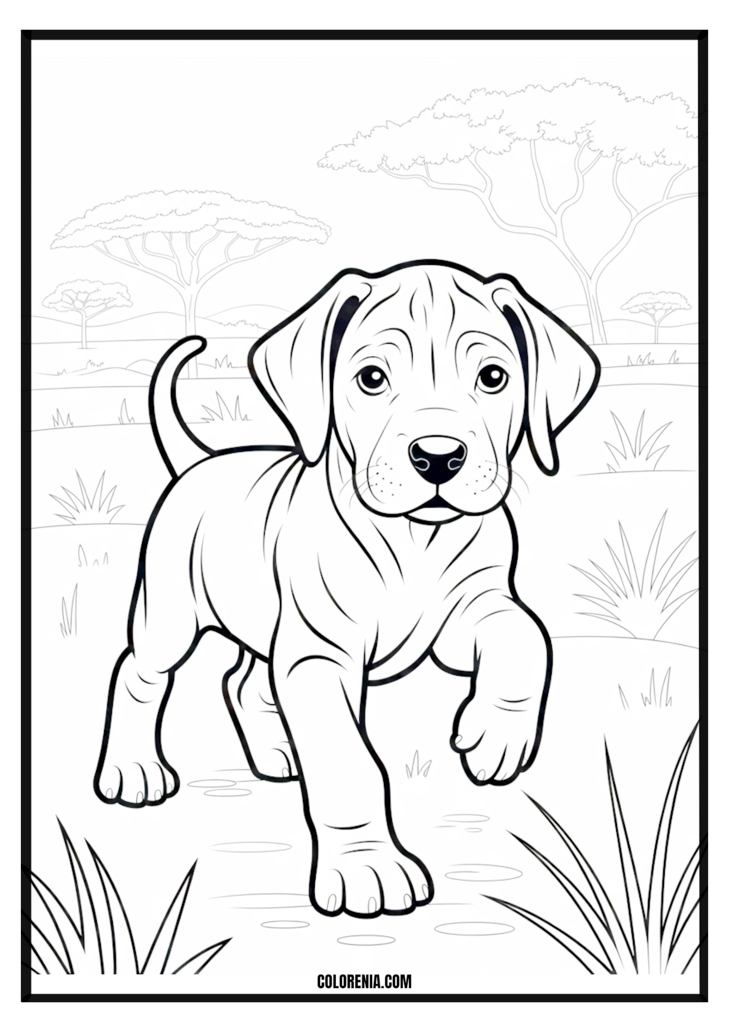 Printable Puppy Walking Nature Coloring Page Puppy walking through a serene nature landscape, peaceful and exploring.