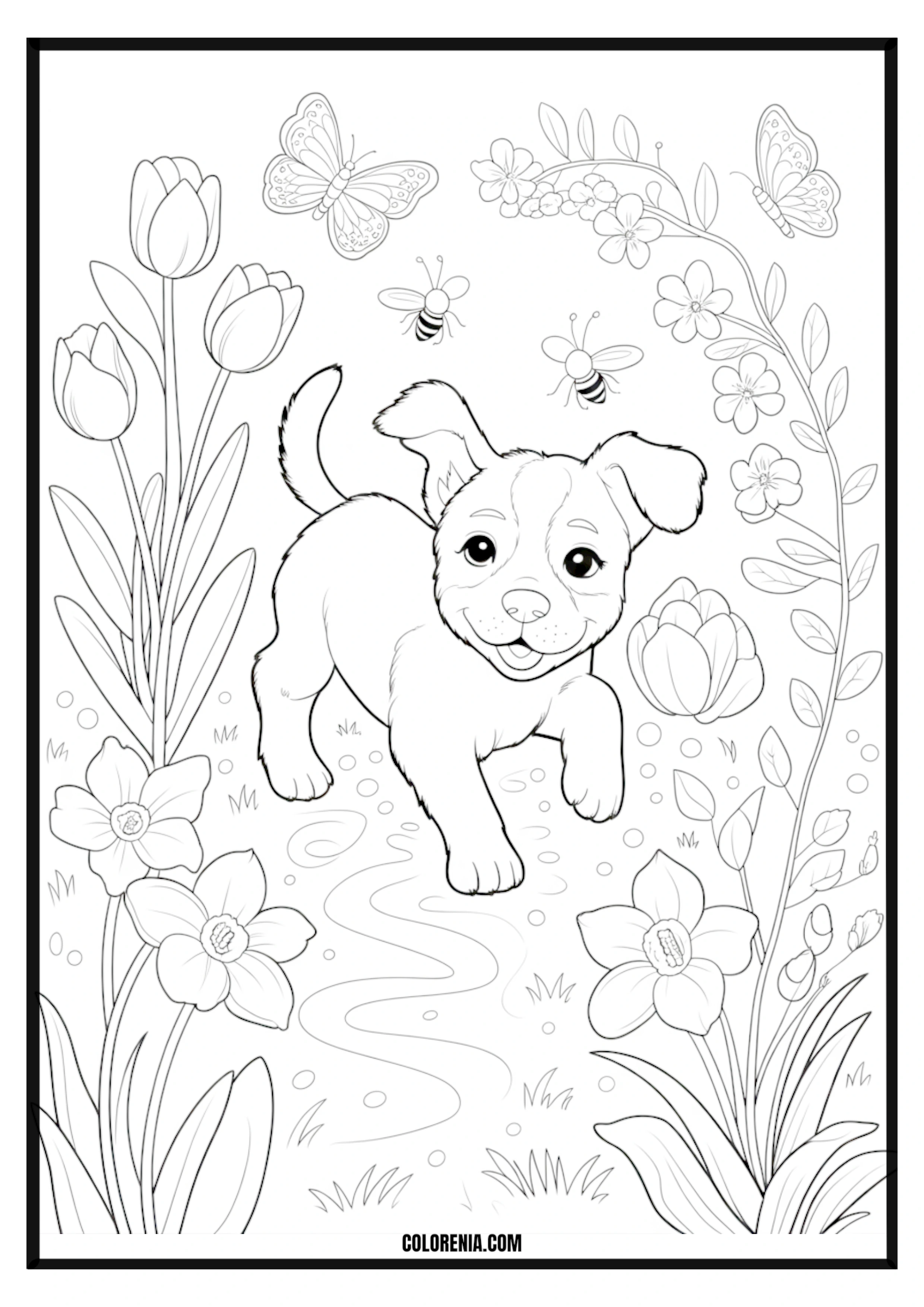 Printable Puppy Among Flowers, Butterflies, and Bees Coloring Page Cute puppy surrounded by flowers, butterflies, and bees, lively garden.