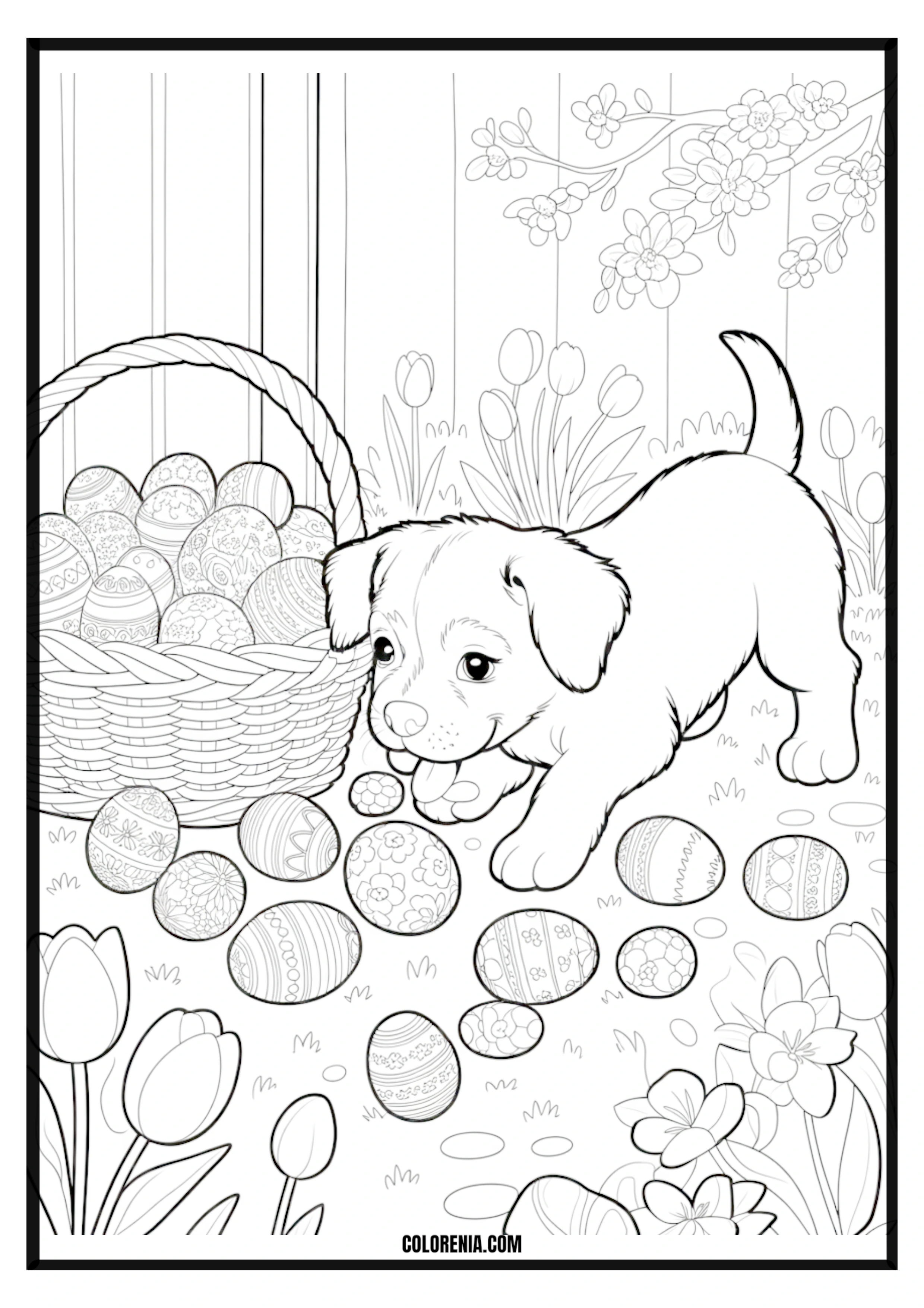 Printable Puppy and Easter Eggs Spring Coloring Page Puppy with Easter eggs and spring flowers, festive holiday scene.