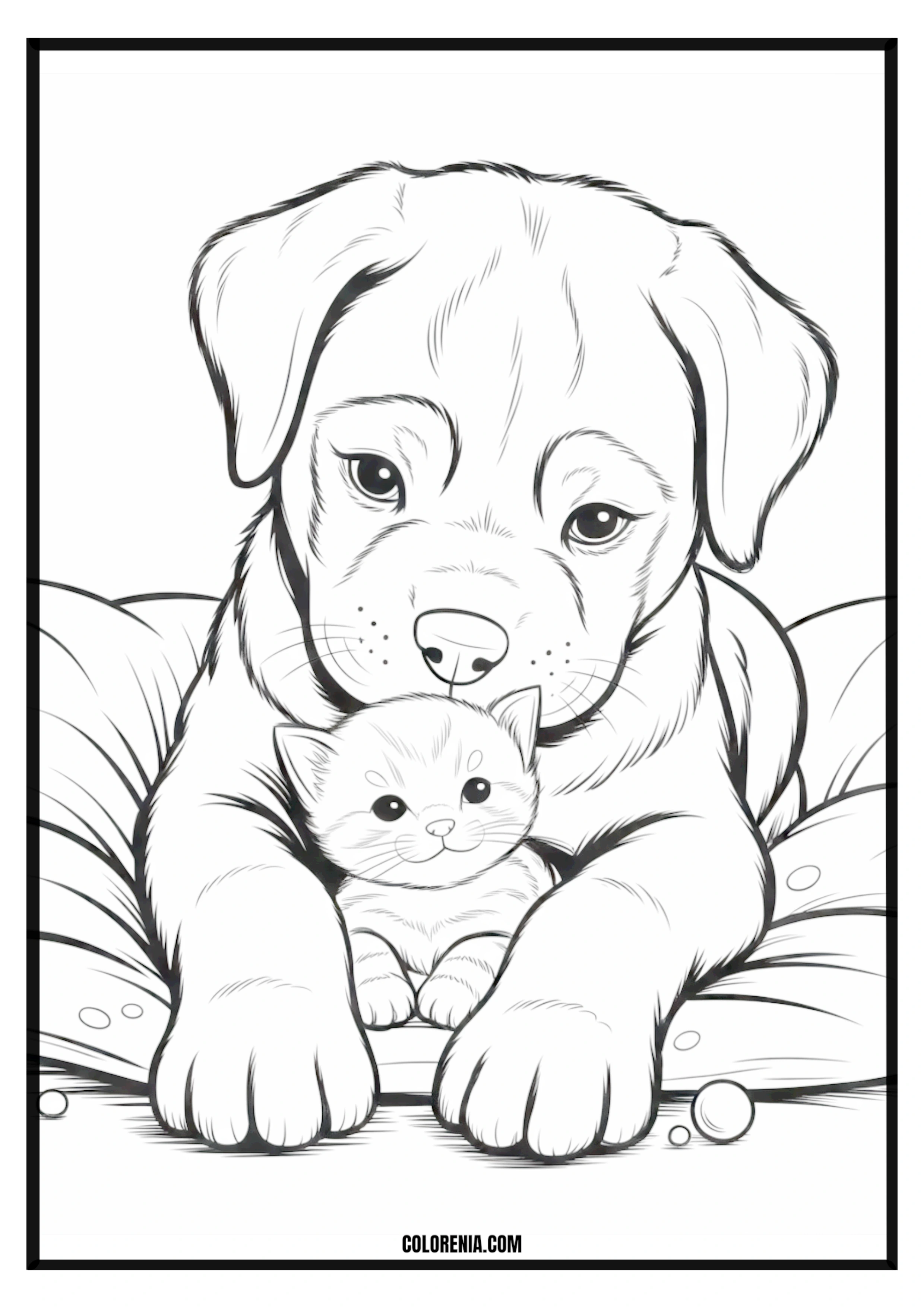 Printable Puppy and Kitten Cuddling Coloring Page Puppy and kitten lovingly cuddling together, heartwarming friendship.