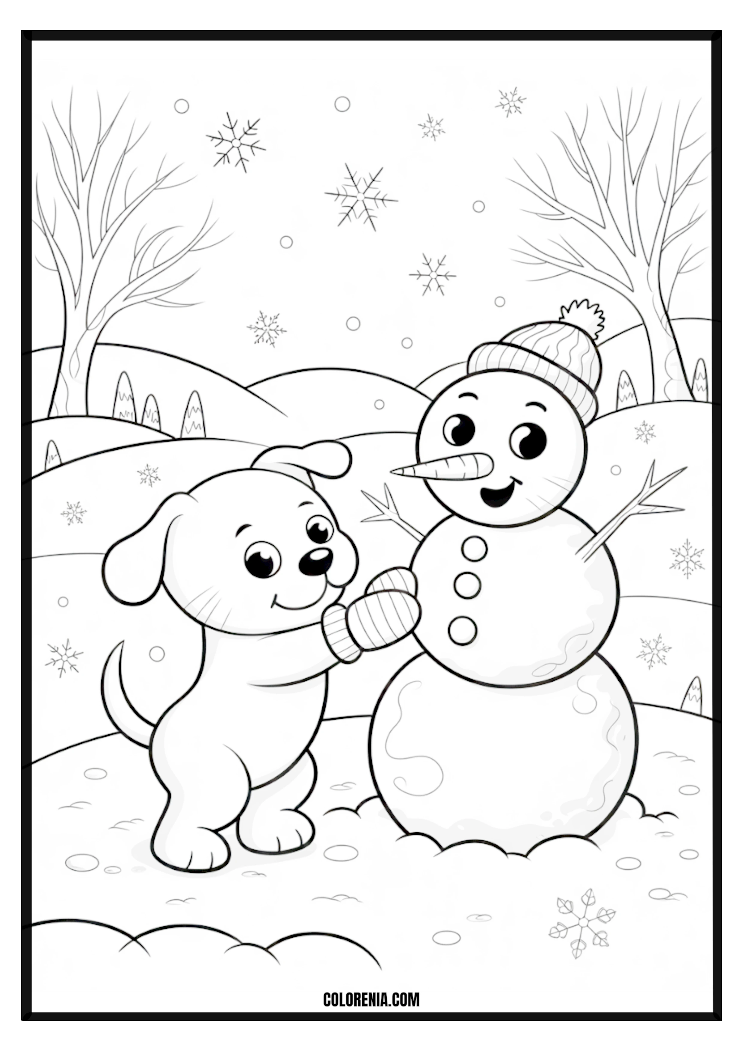 Printable Puppy and Snowman Winter Play Coloring Page Puppy playing joyfully with a snowman in a winter landscape, fun scene.