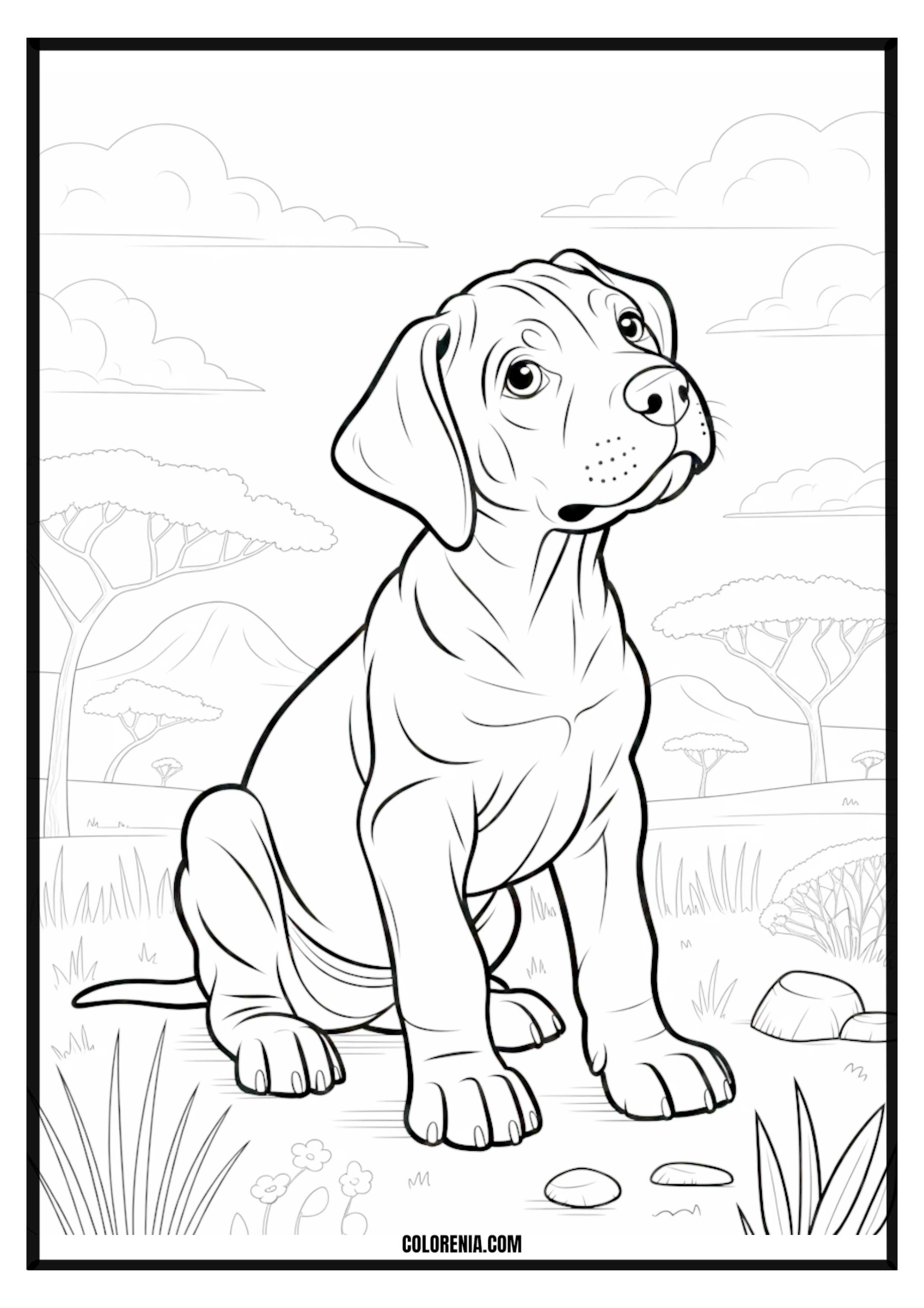Printable Puppy Coloring Page Savanna Landscape Puppy exploring a vast savanna landscape, adventure in nature.