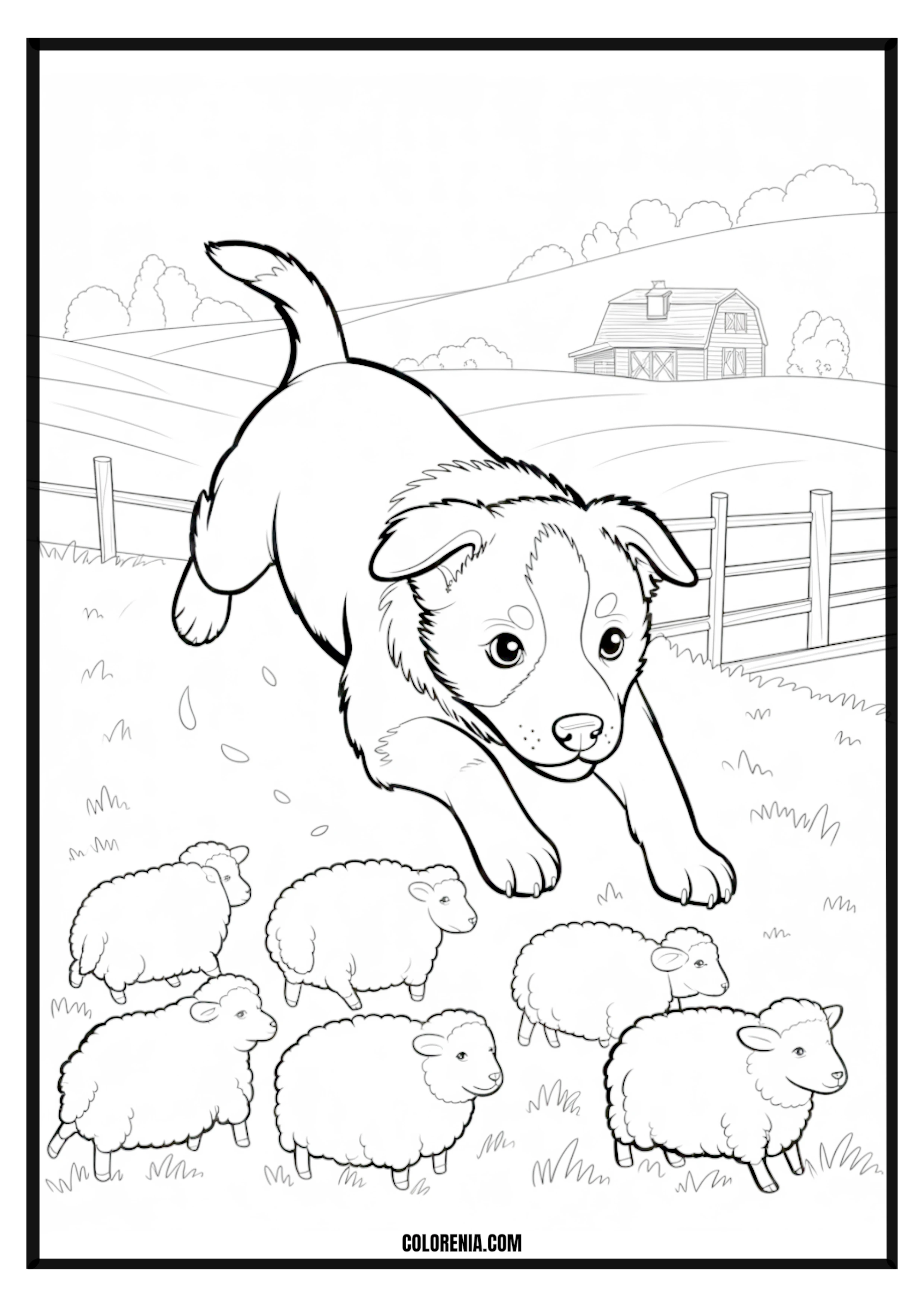 Printable Puppy Dog Herding Sheep on a Farm Coloring Page Puppy dog herding sheep on a farm, agricultural and working dog scene.