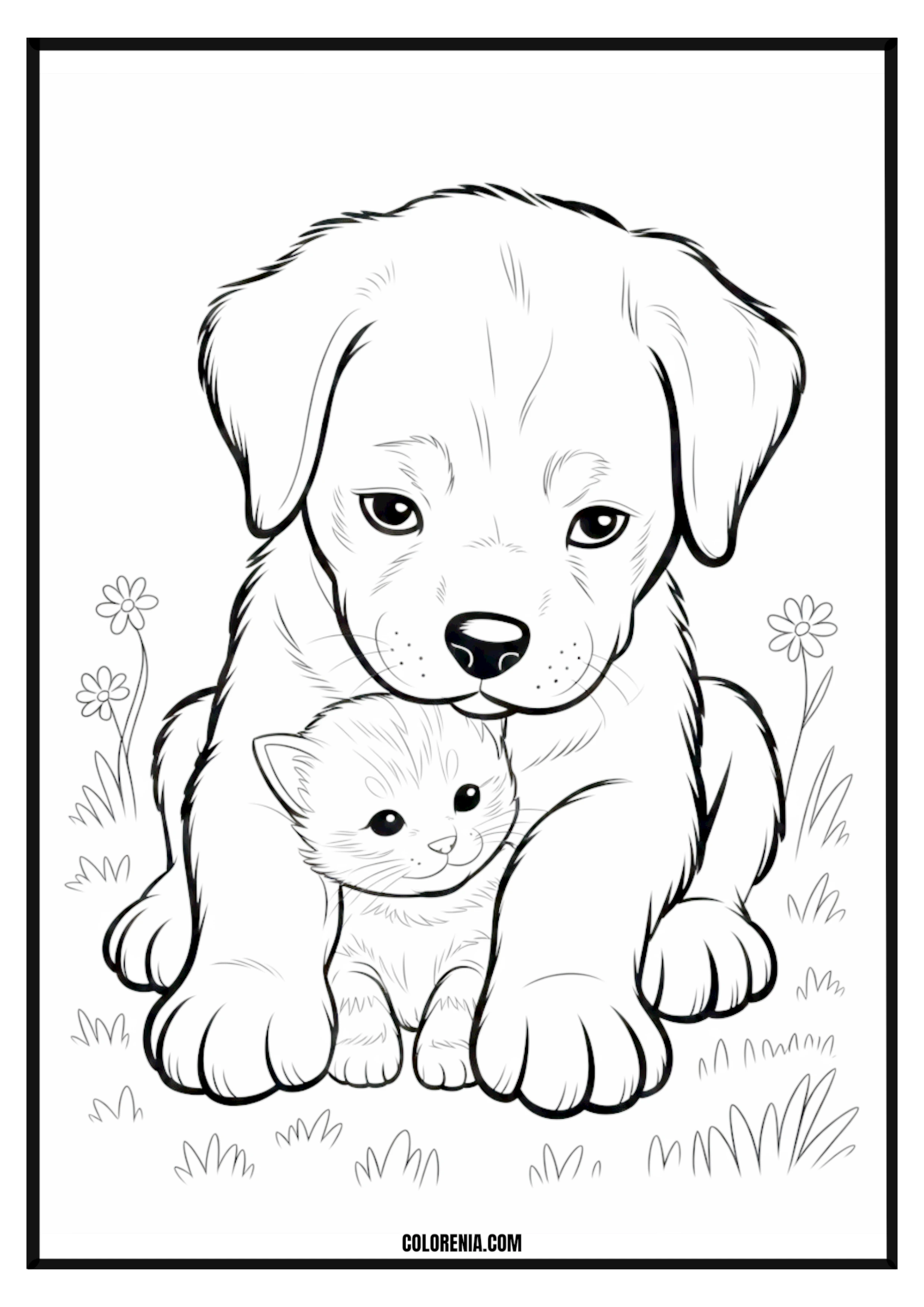 Printable Puppy Hugging Kitten Coloring Page Adorable puppy hugging a kitten, heartwarming animal friendship scene.