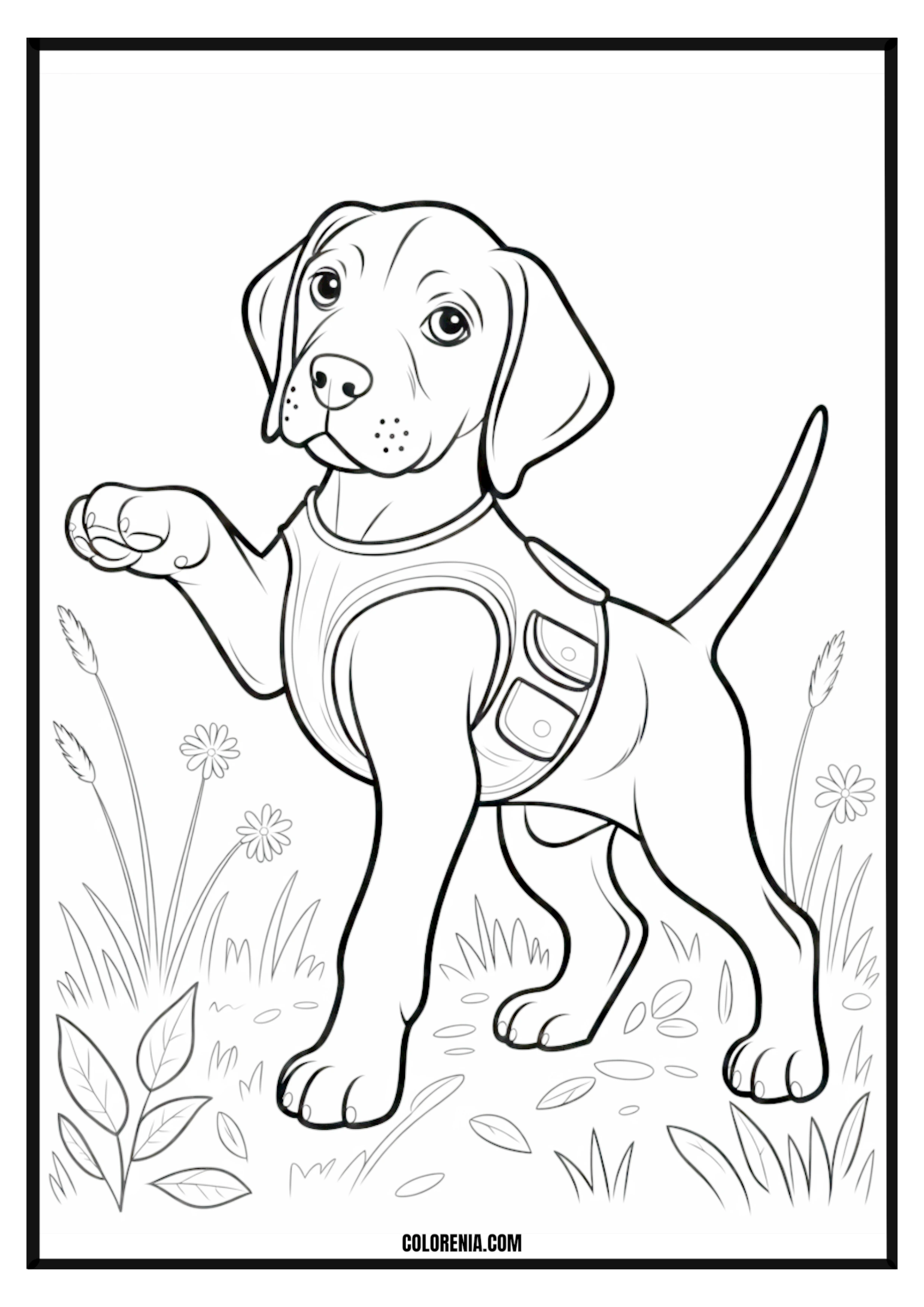 Printable Puppy in Harness Raising Paw Coloring Page Puppy in a harness raising its paw, obedient and cute.